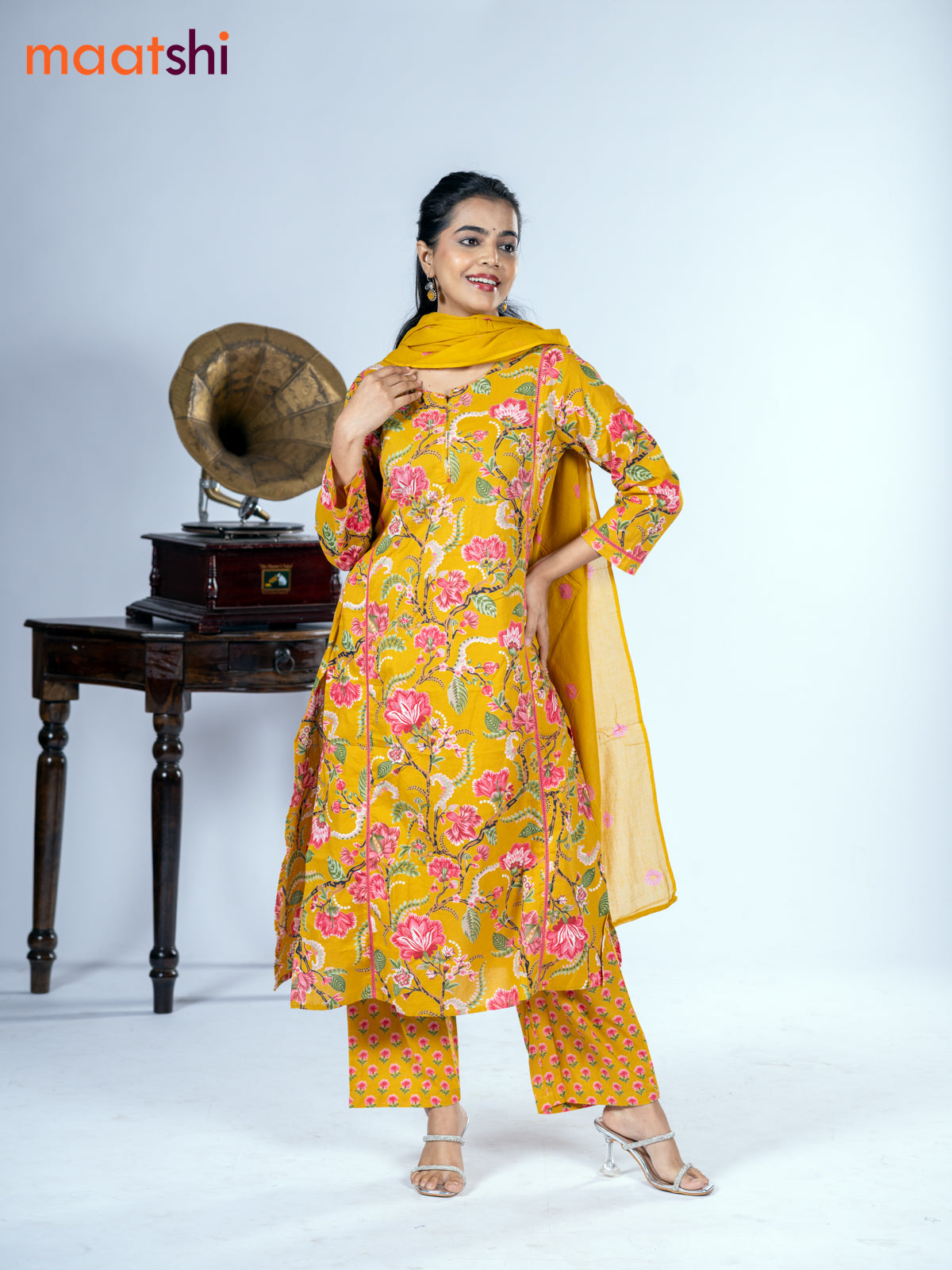 Cotton salwar suit mustard yellow with allover floral prints & mirror pita work and straight cut pant & dupatta