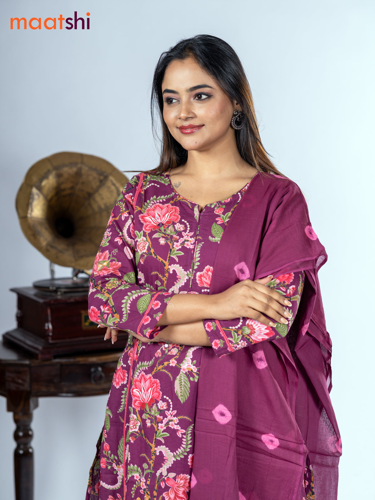 Cotton salwar suit dark magenta pink with allover floral prints & mirror pita work and straight cut pant & dupatta