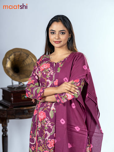 Cotton salwar suit dark magenta pink with allover floral prints & mirror pita work and straight cut pant & dupatta