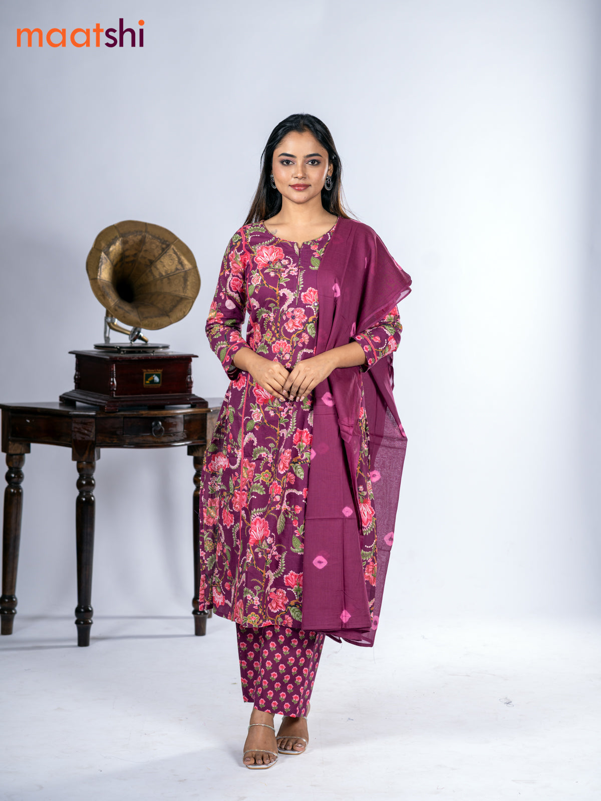 Cotton salwar suit dark magenta pink with allover floral prints & mirror pita work and straight cut pant & dupatta