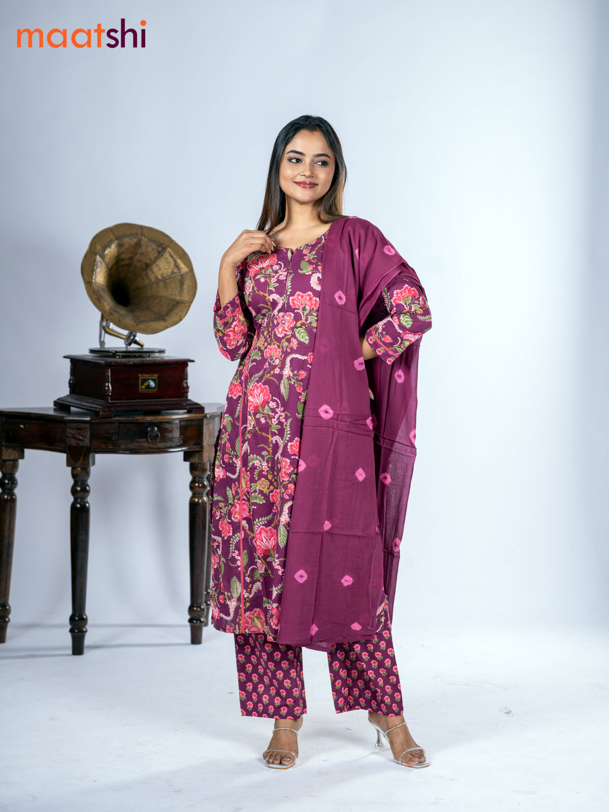 Cotton salwar suit dark magenta pink with allover floral prints & mirror pita work and straight cut pant & dupatta