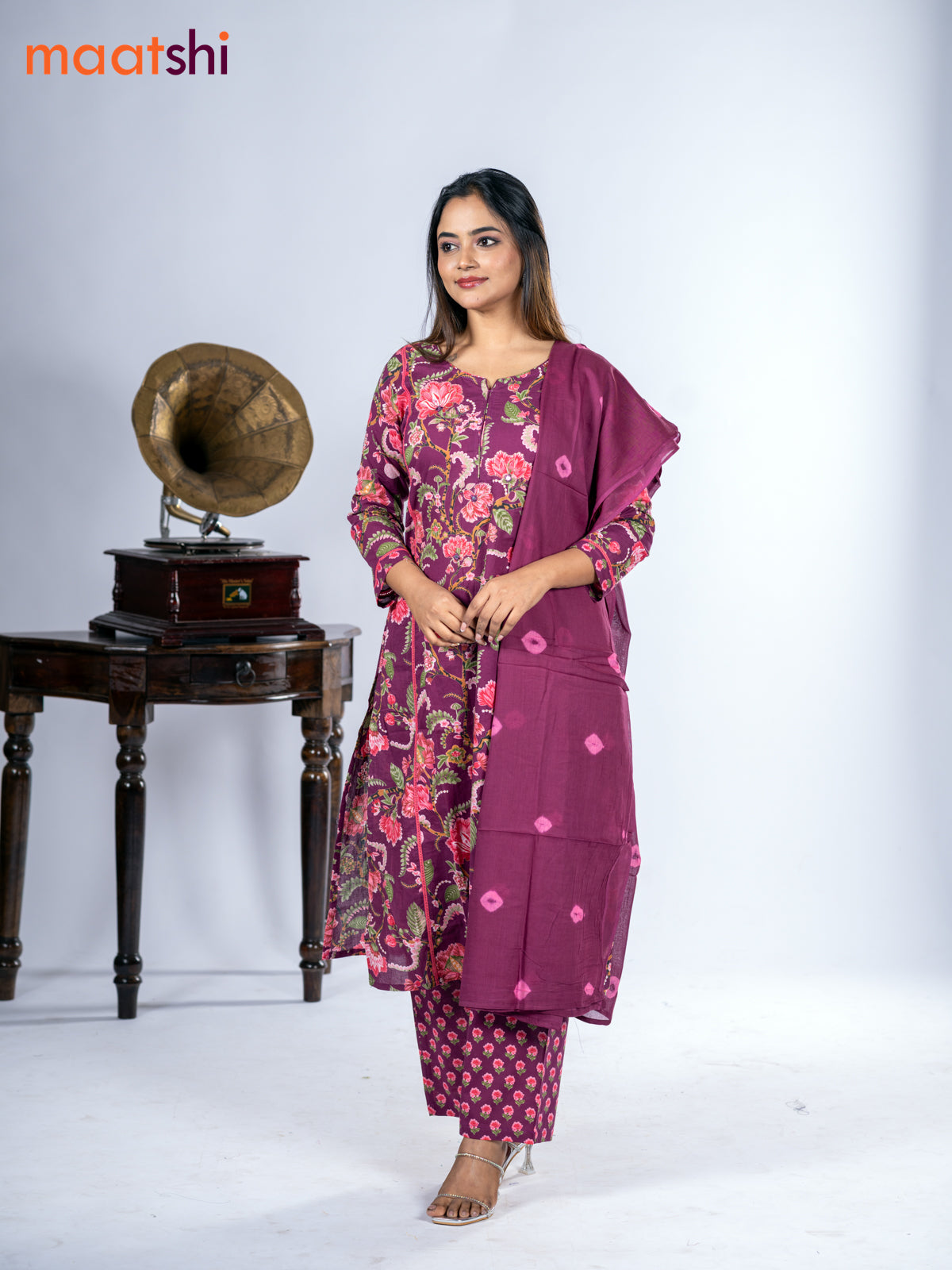 Cotton salwar suit dark magenta pink with allover floral prints & mirror pita work and straight cut pant & dupatta
