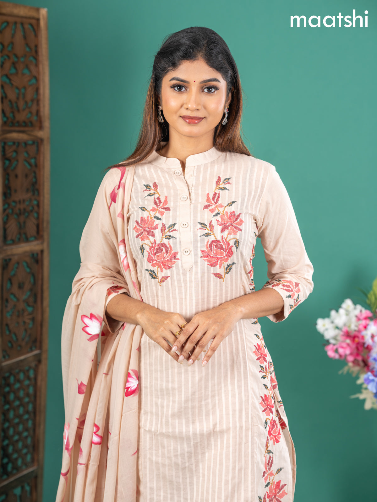 Cotton salwar suit beige with floral embroidery work & simple neck pattern and straight cut pant & dupatta