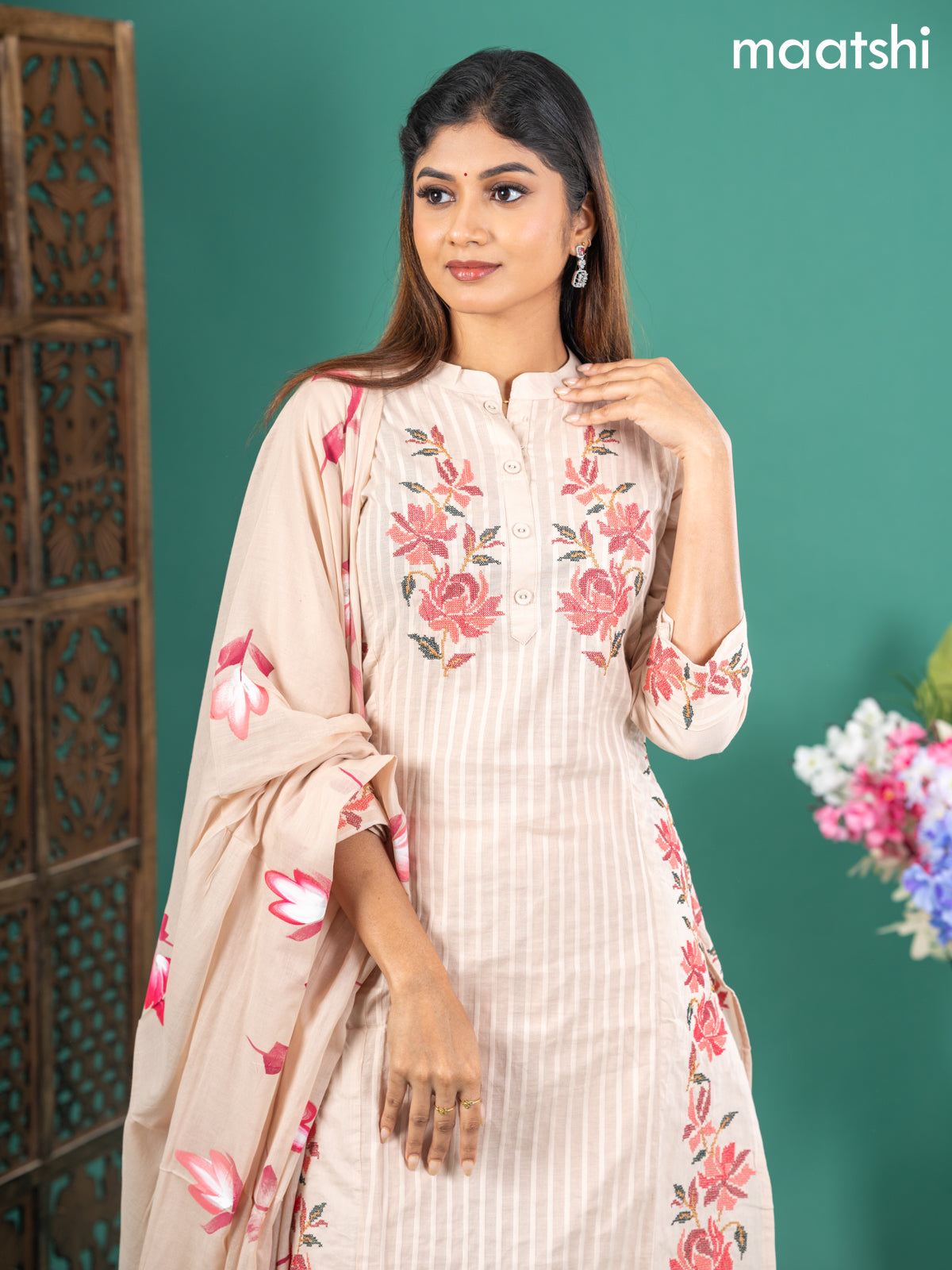 Cotton salwar suit beige with floral embroidery work & simple neck pattern and straight cut pant & dupatta