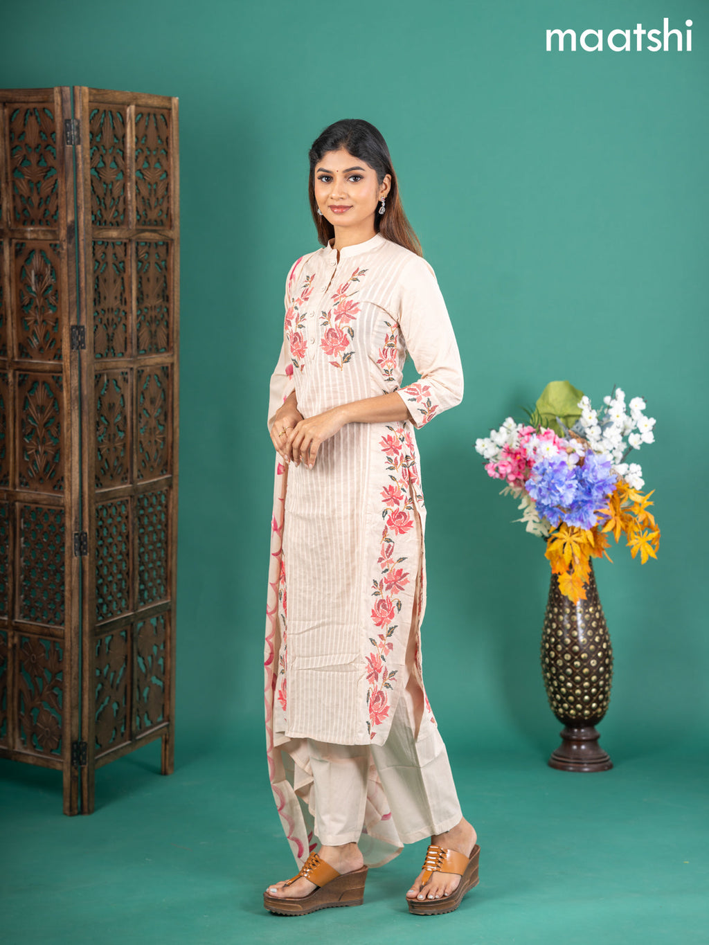 Cotton salwar suit beige with floral embroidery work & simple neck pattern and straight cut pant & dupatta