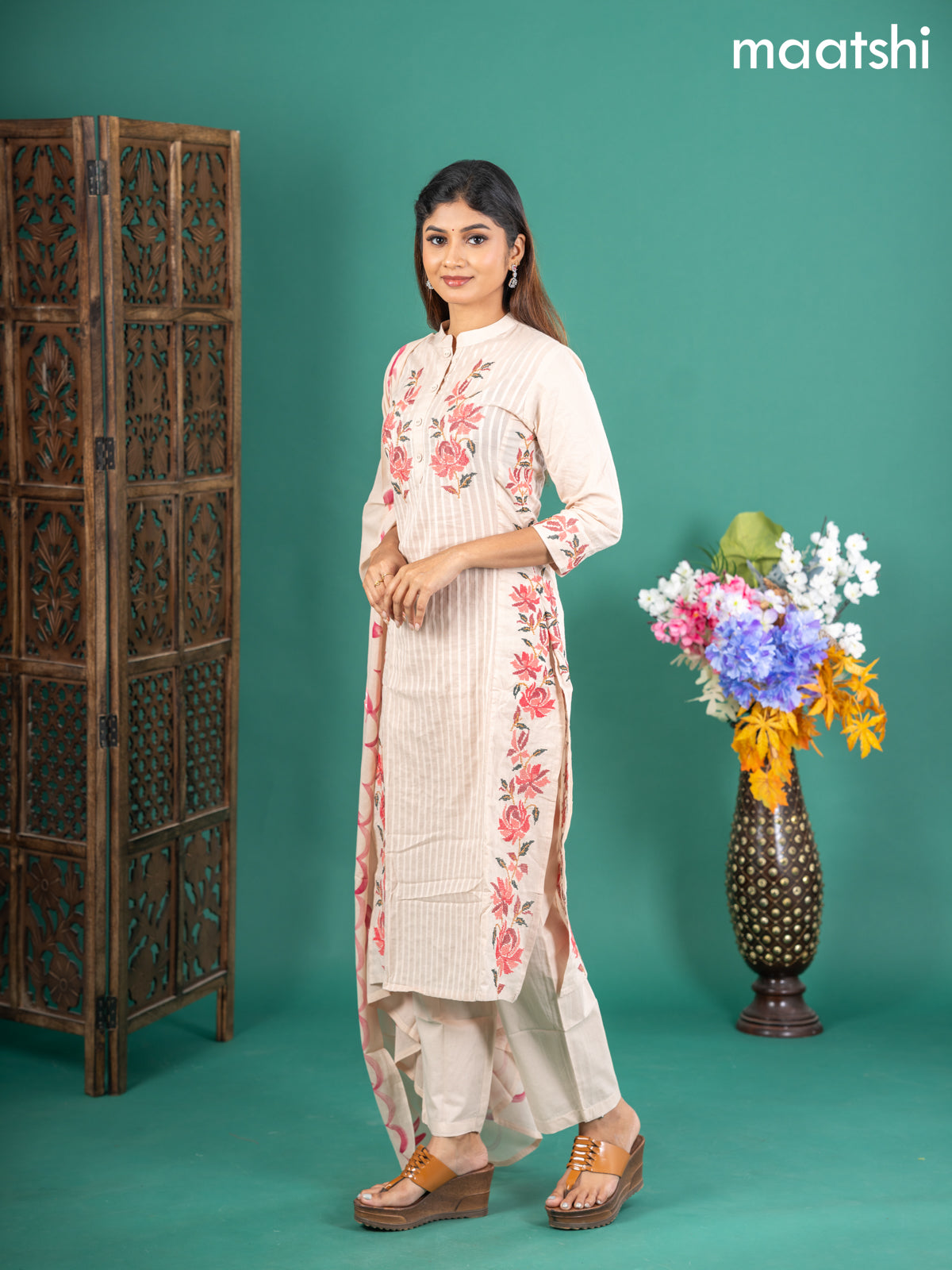 Cotton salwar suit beige with floral embroidery work & simple neck pattern and straight cut pant & dupatta