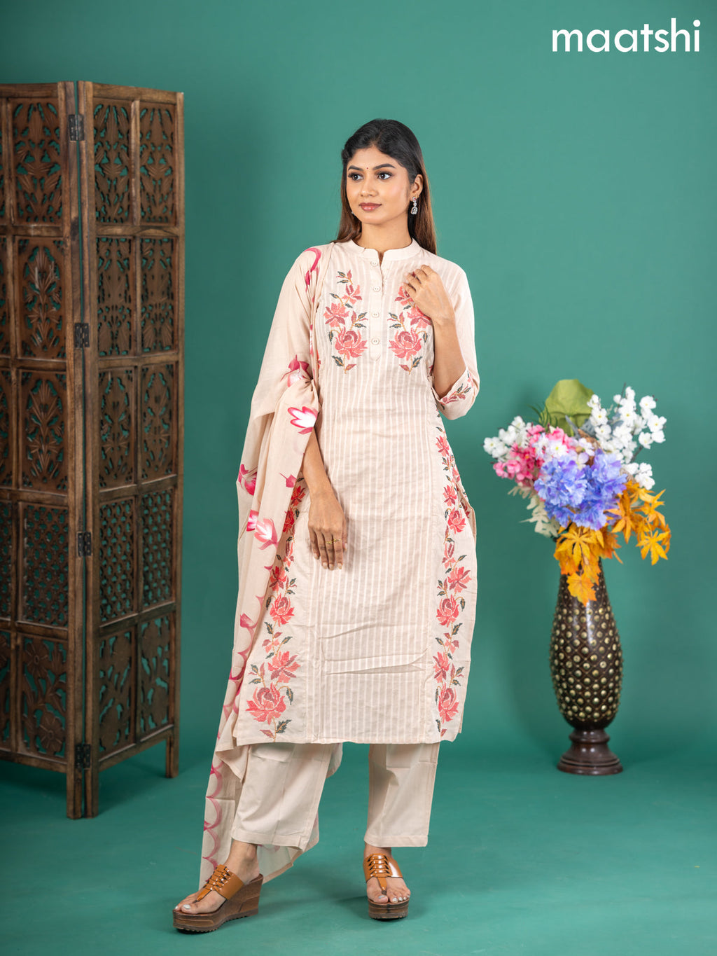 Cotton salwar suit beige with floral embroidery work & simple neck pattern and straight cut pant & dupatta