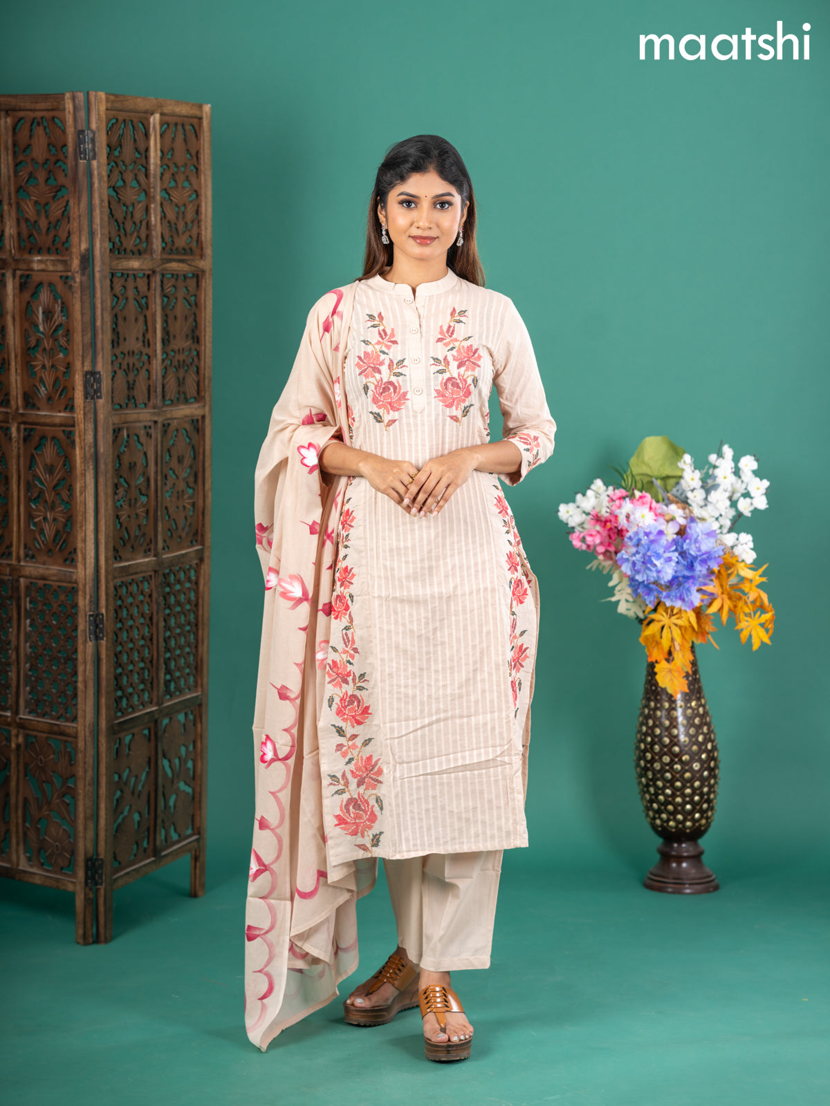 Cotton salwar suit beige with floral embroidery work & simple neck pattern and straight cut pant & dupatta