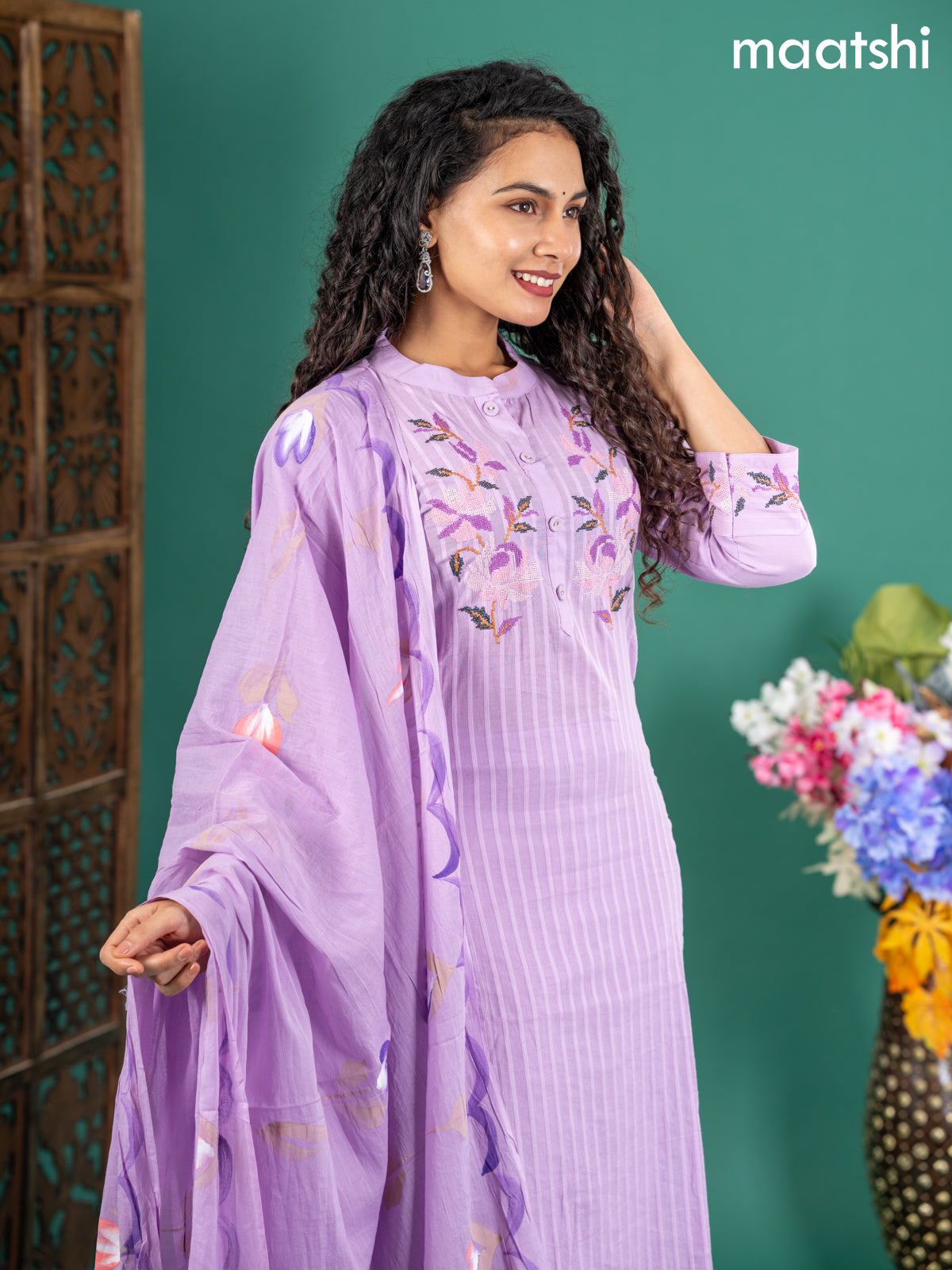 Cotton salwar suit lavender with floral embroidery work & simple neck pattern and straight cut pant & dupatta