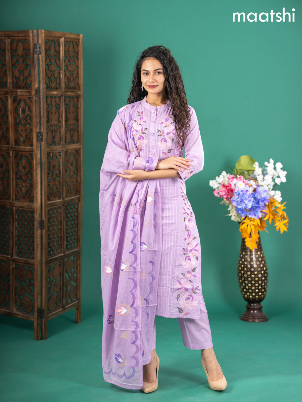 Cotton salwar suit lavender with floral embroidery work & simple neck pattern and straight cut pant & dupatta