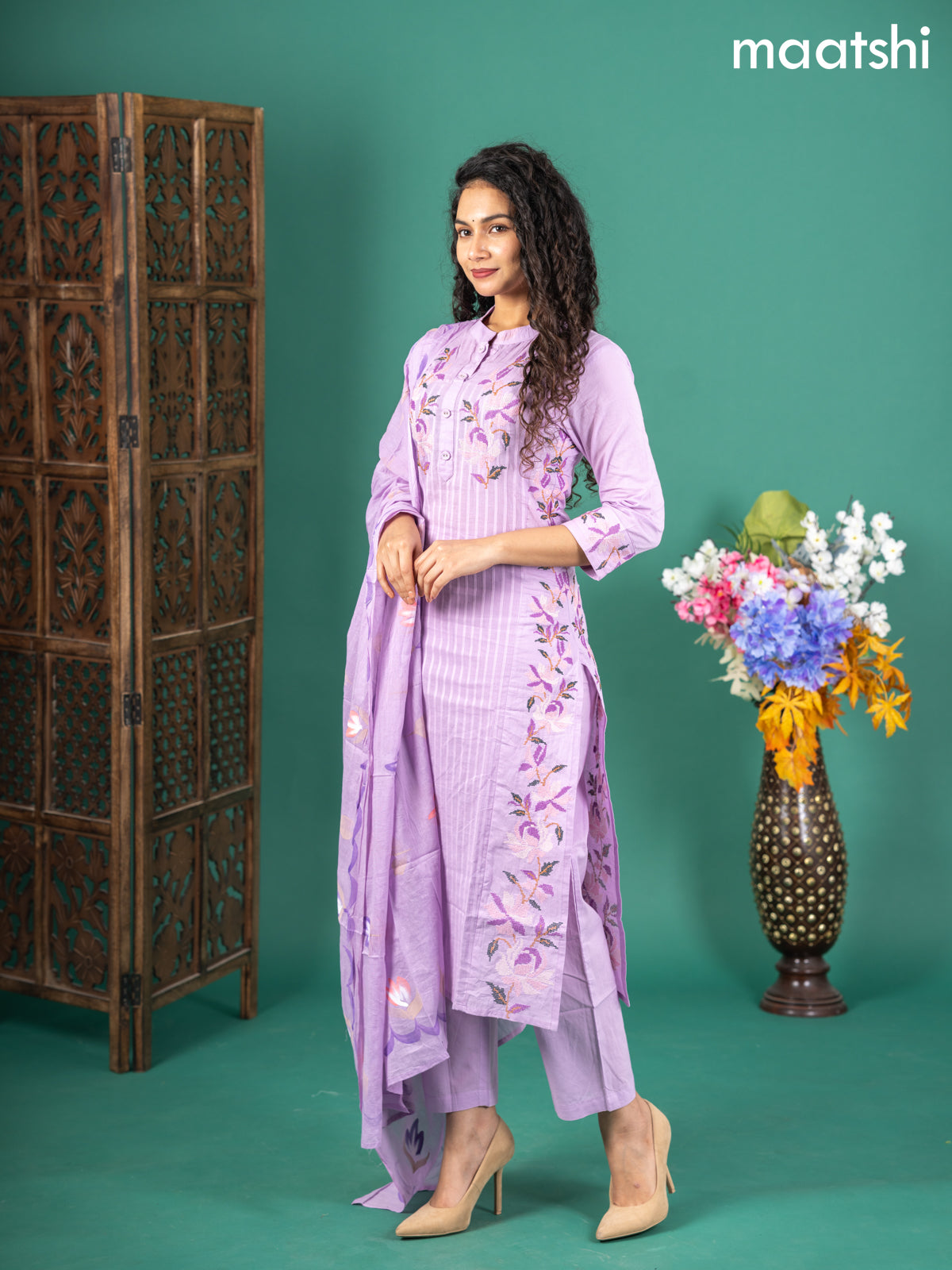Cotton salwar suit lavender with floral embroidery work & simple neck pattern and straight cut pant & dupatta
