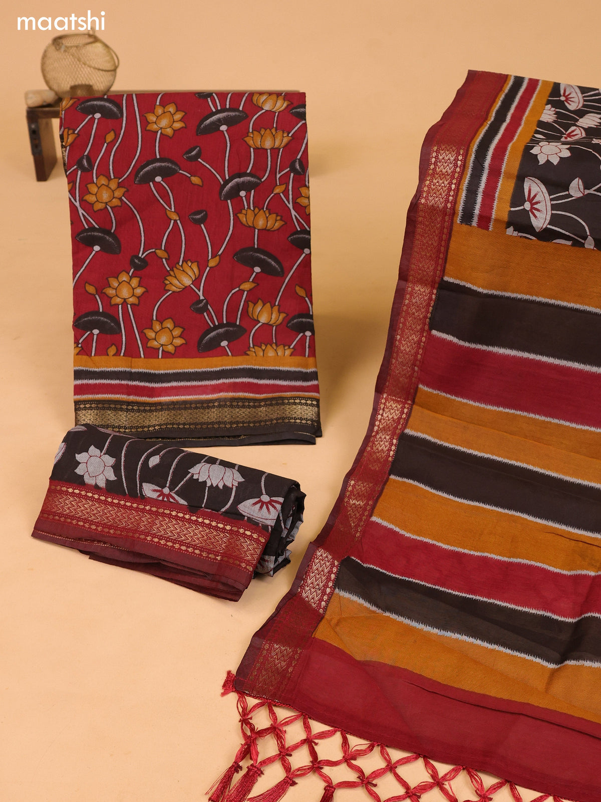 Maroon and Deep Brown Art Silk Dress Material With Allover Prints and Bottom & Dupatta