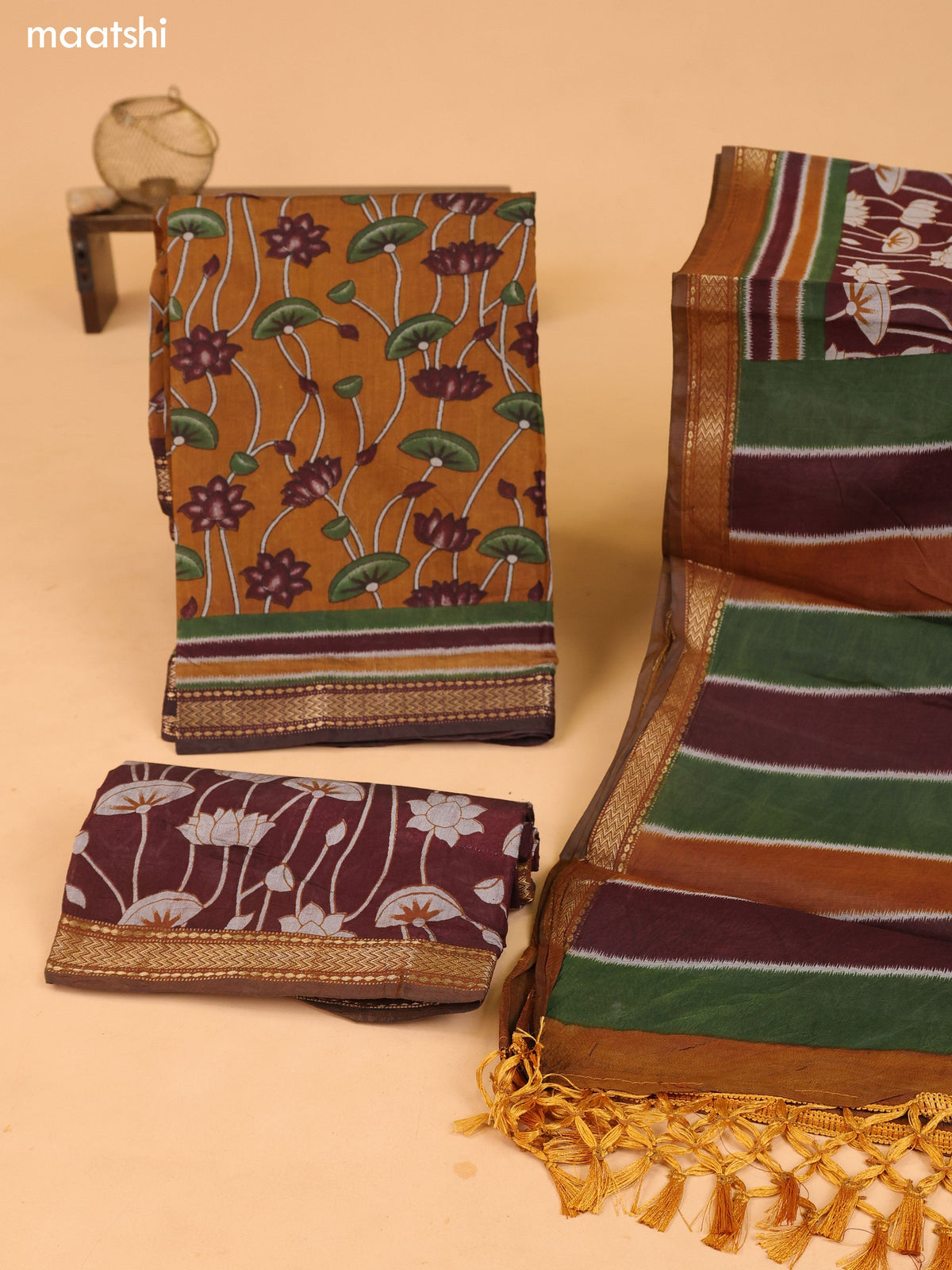 Mustard and Deep Brown Art Silk Dress Material With Allover Prints and Bottom & Dupatta