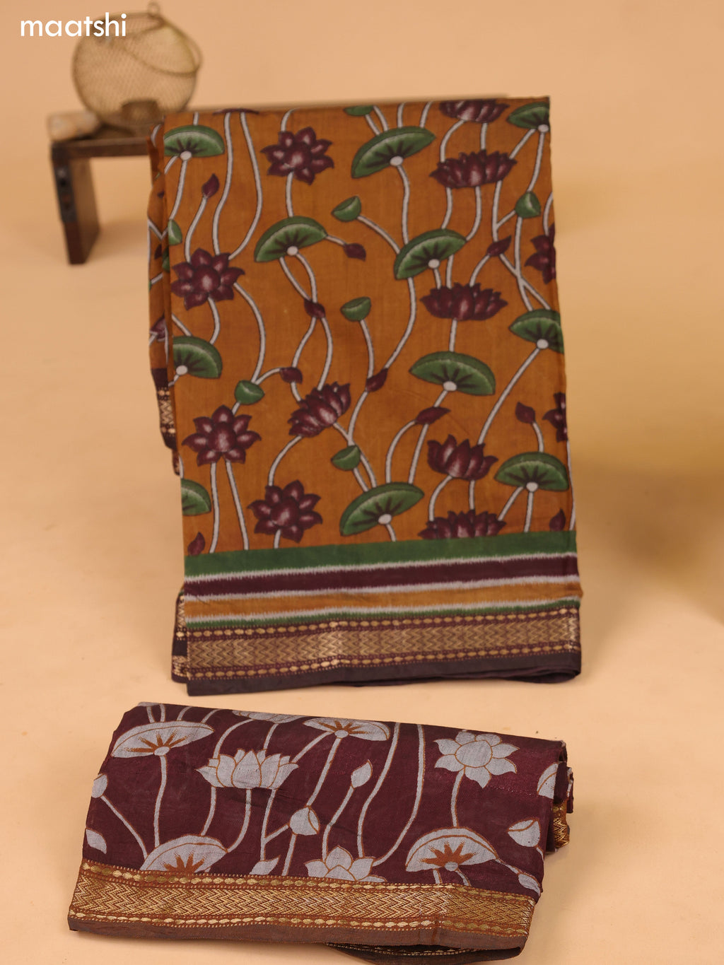 Mustard and Deep Brown Art Silk Dress Material With Allover Prints and Bottom & Dupatta