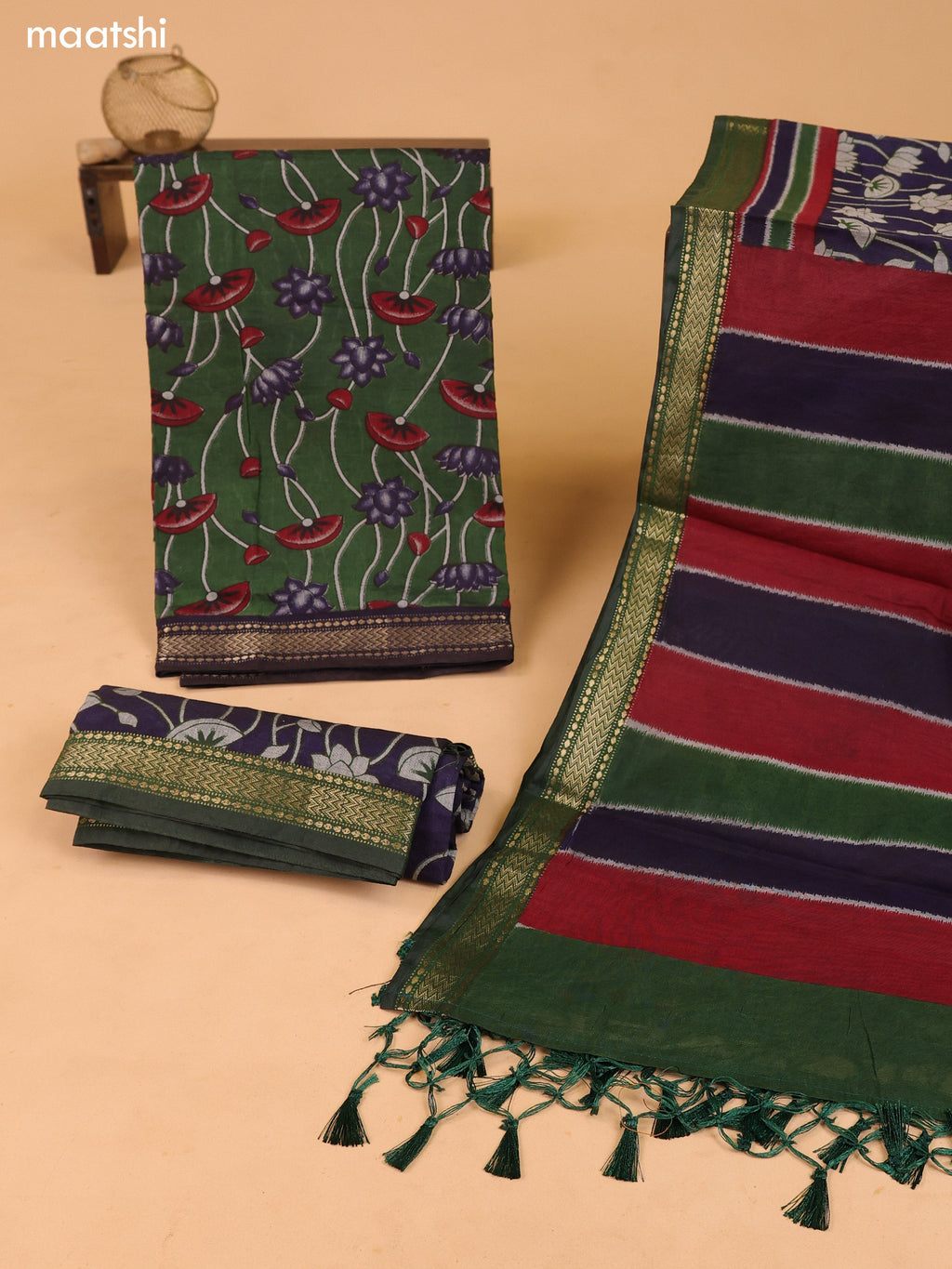 Green and Navy Blue Art Silk Dress Material With Allover Prints and Bottom & Dupatta