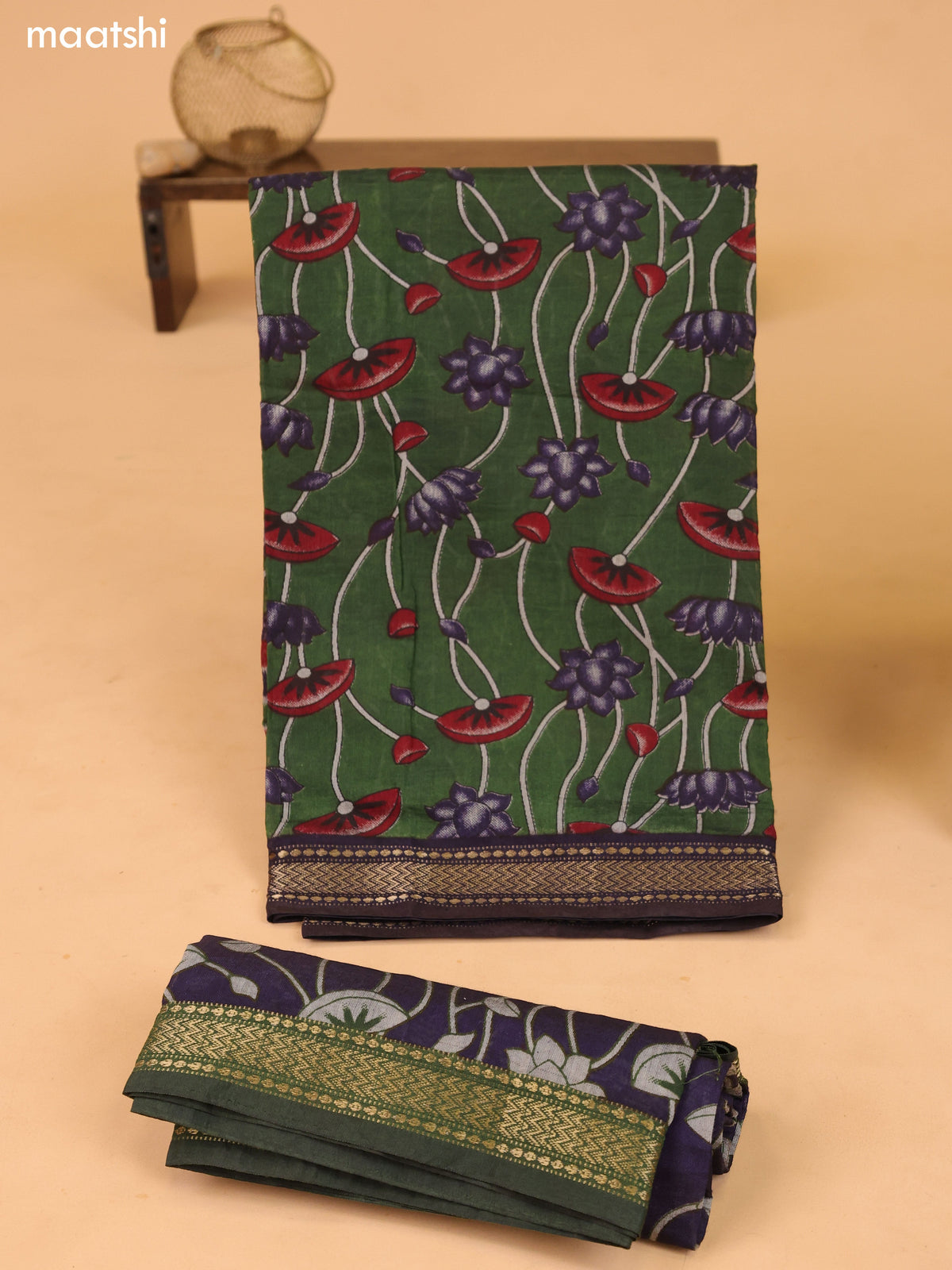 Green and Navy Blue Art Silk Dress Material With Allover Prints and Bottom & Dupatta