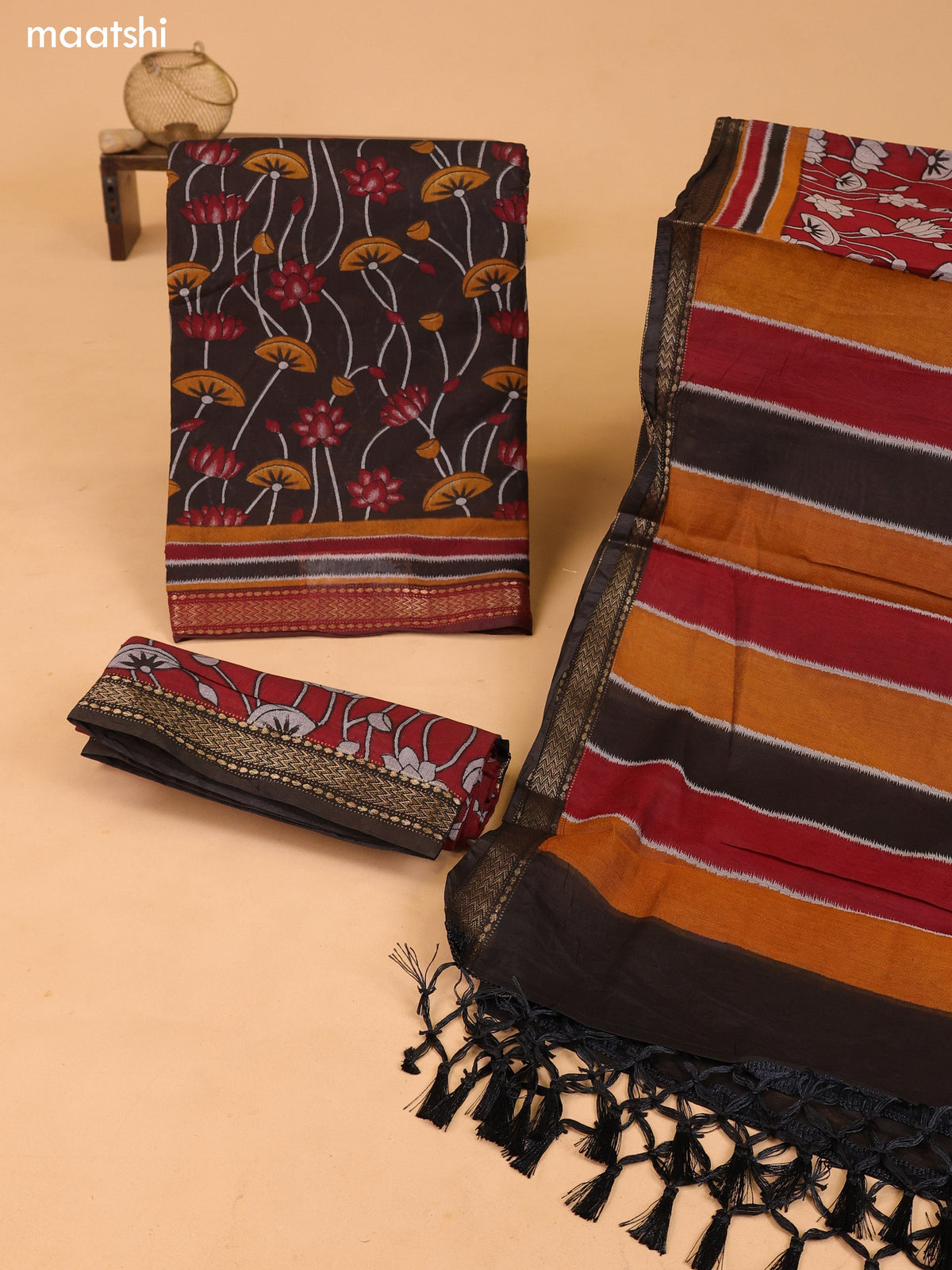 Deep Brown and Maroon Art Silk Dress Material With Allover Prints and Bottom & Dupatta