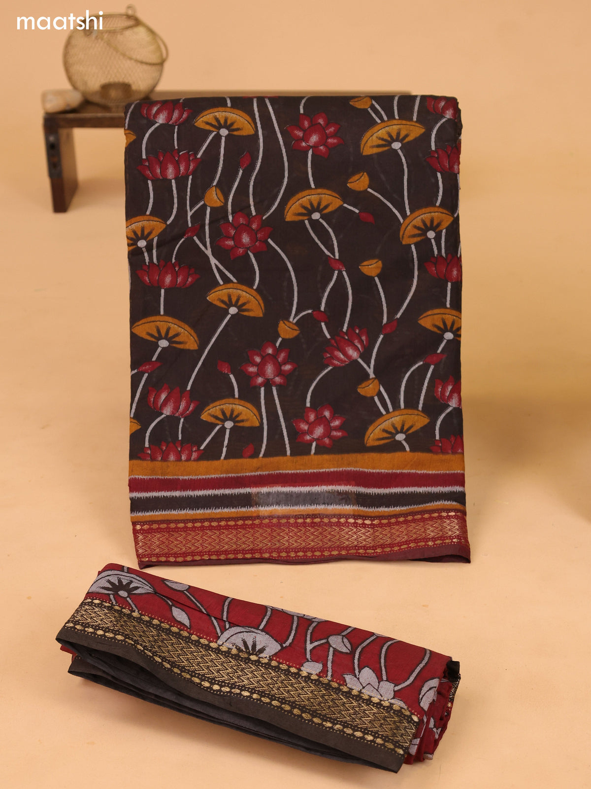 Deep Brown and Maroon Art Silk Dress Material With Allover Prints and Bottom & Dupatta