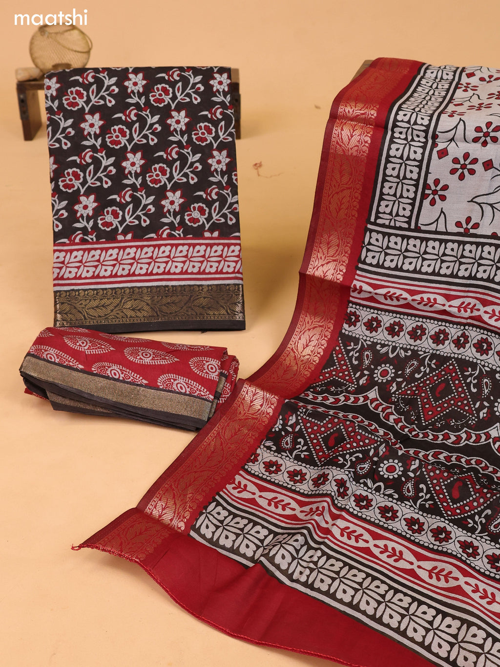 Deep Brown & Grey and Maroon Art Silk Dress Material With Allover Floral Prints and Bottom & Dupatta