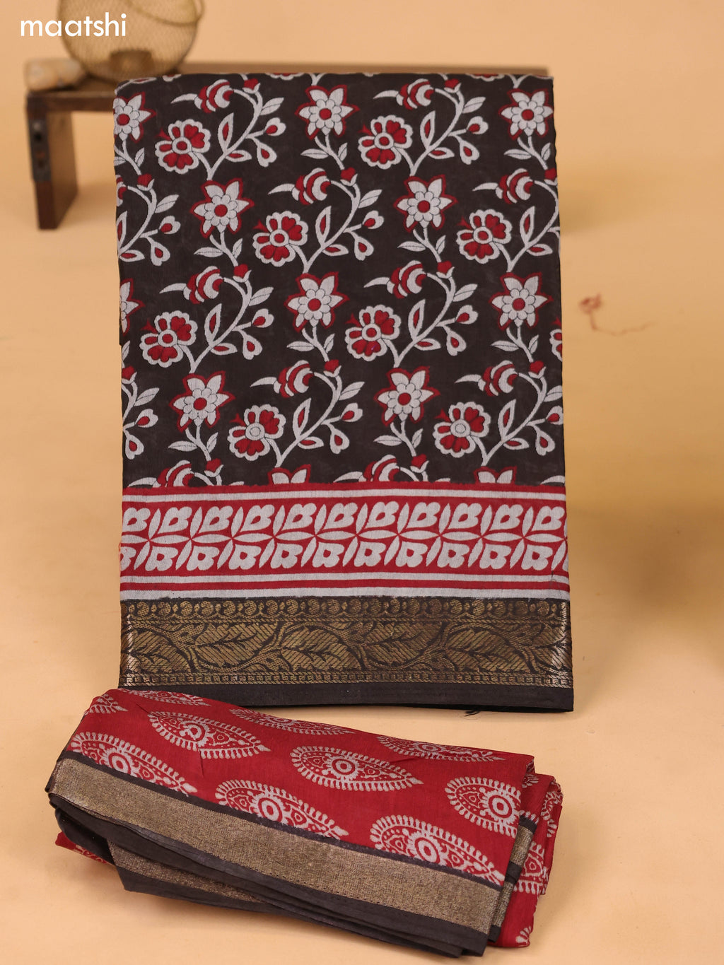Deep Brown & Grey and Maroon Art Silk Dress Material With Allover Floral Prints and Bottom & Dupatta