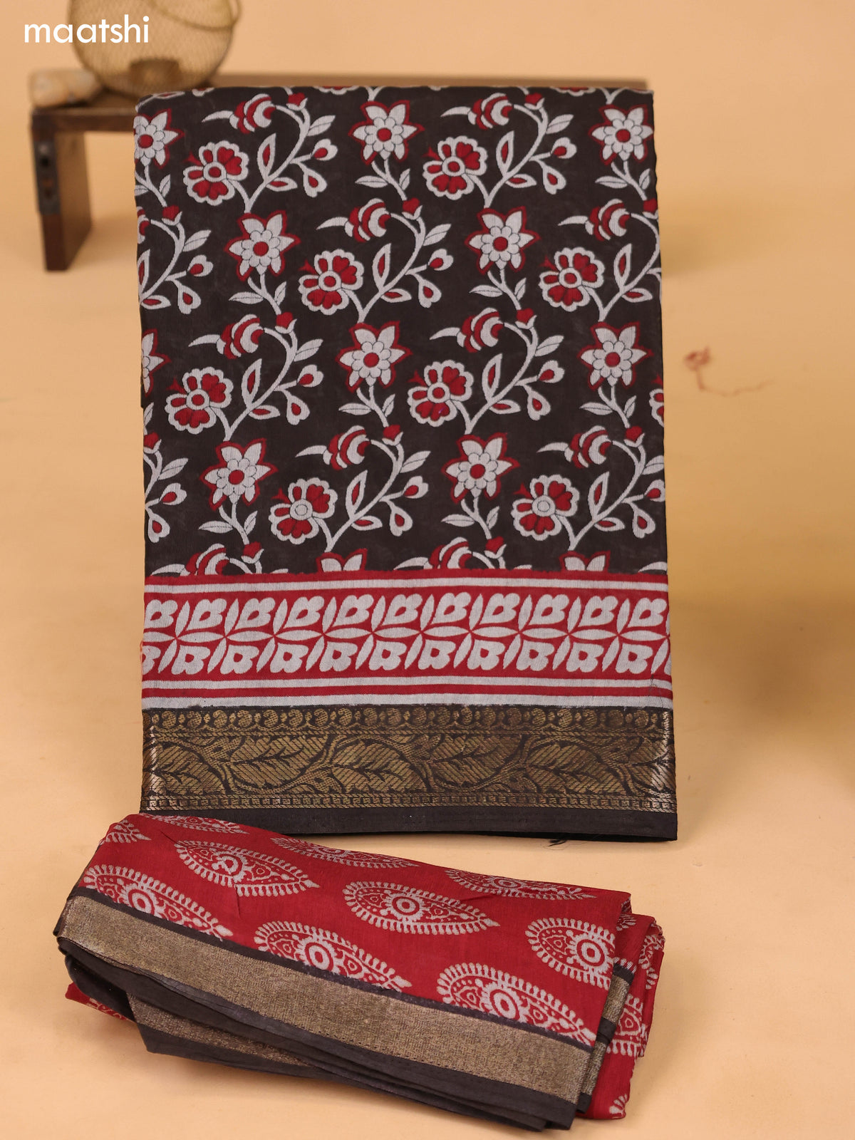 Deep Brown & Grey and Maroon Art Silk Dress Material With Allover Floral Prints and Bottom & Dupatta