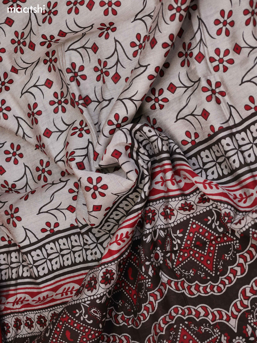 Deep Brown & Grey and Maroon Art Silk Dress Material With Allover Floral Prints and Bottom & Dupatta