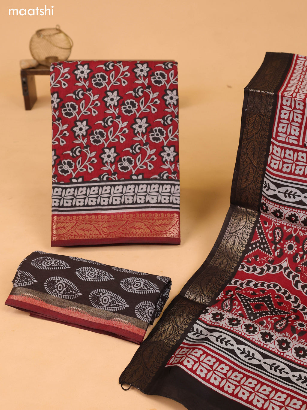 Maroon & Grey and Deep Brown Art Silk Dress Material With Allover Floral Prints and Bottom & Dupatta