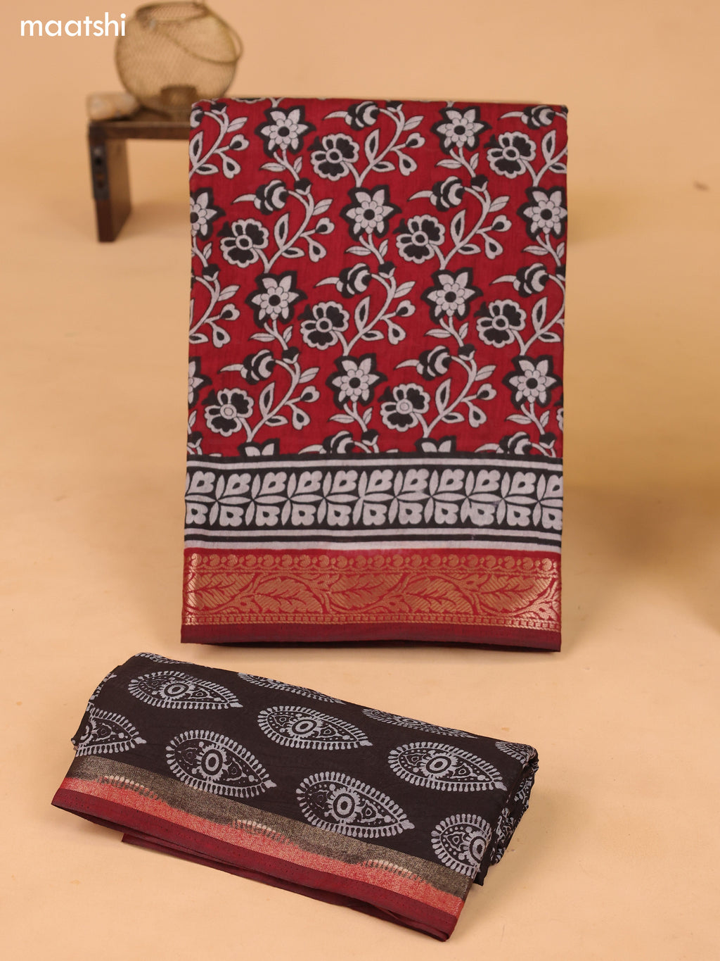 Maroon & Grey and Deep Brown Art Silk Dress Material With Allover Floral Prints and Bottom & Dupatta