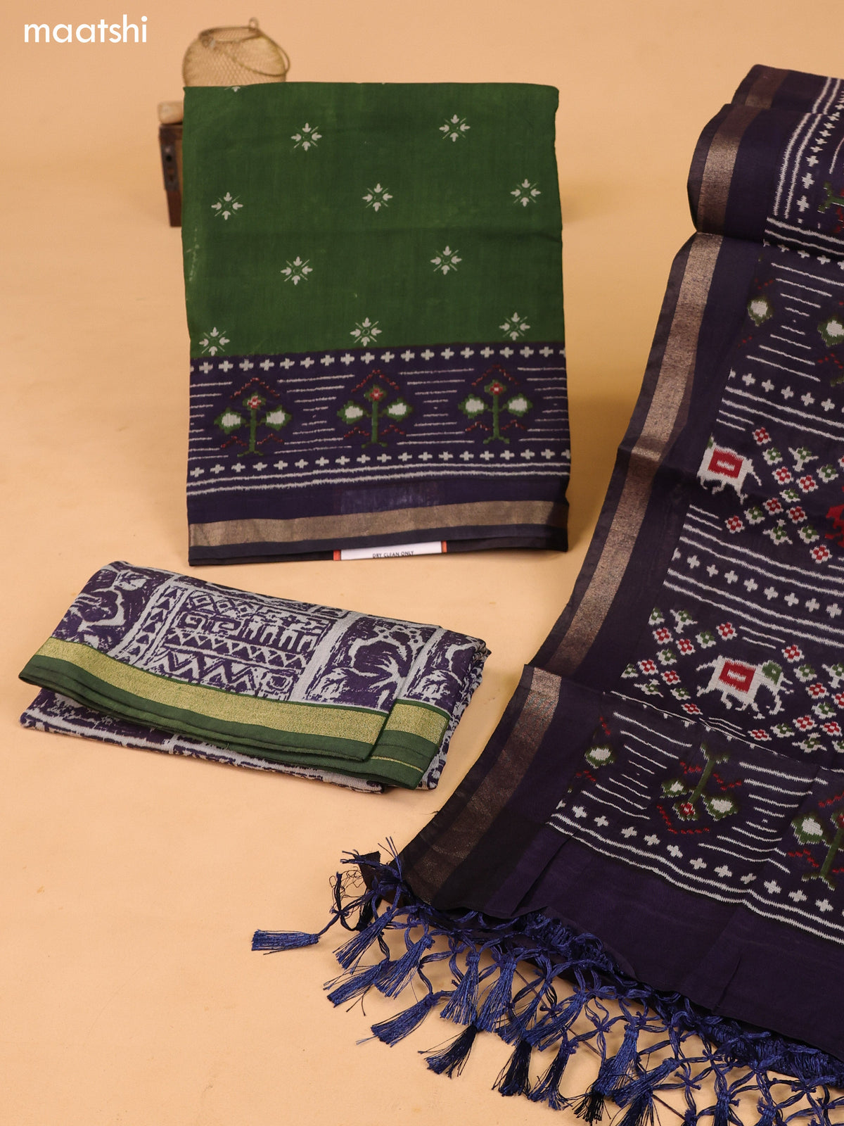 Green and Navy Blue Art Silk Dress Material With Butta Prints and Bottom & Dupatta