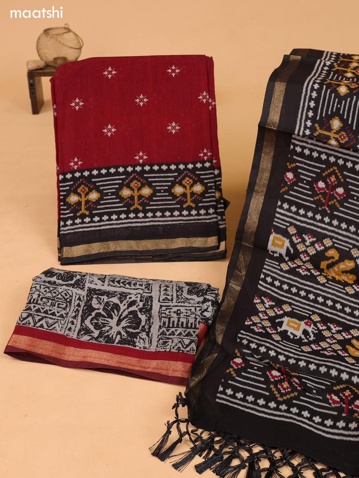 Dark Maroon & Grey and Black Art Silk Dress Material With Butta Prints and Bottom & Dupatta