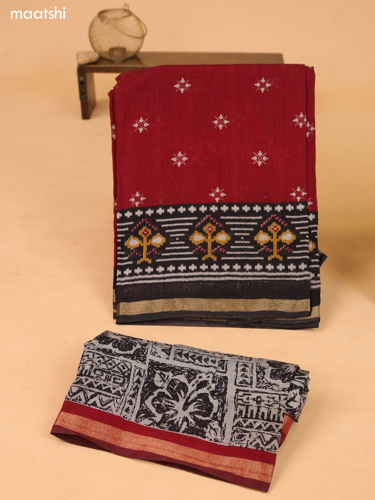 Dark Maroon & Grey and Black Art Silk Dress Material With Butta Prints and Bottom & Dupatta