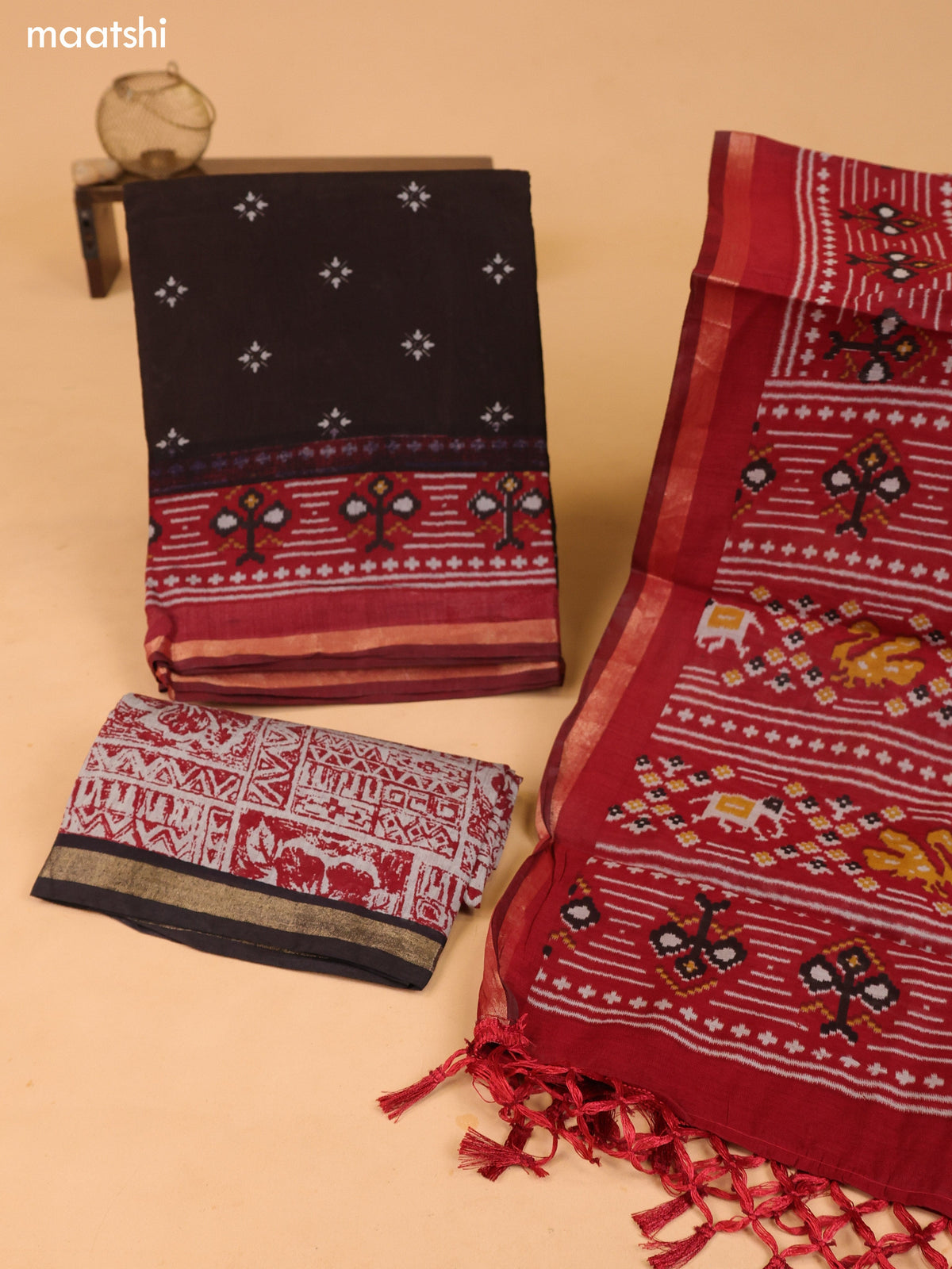 Deep Brown & Grey and Maroon Art Silk Dress Material With Butta Prints and Bottom & Dupatta
