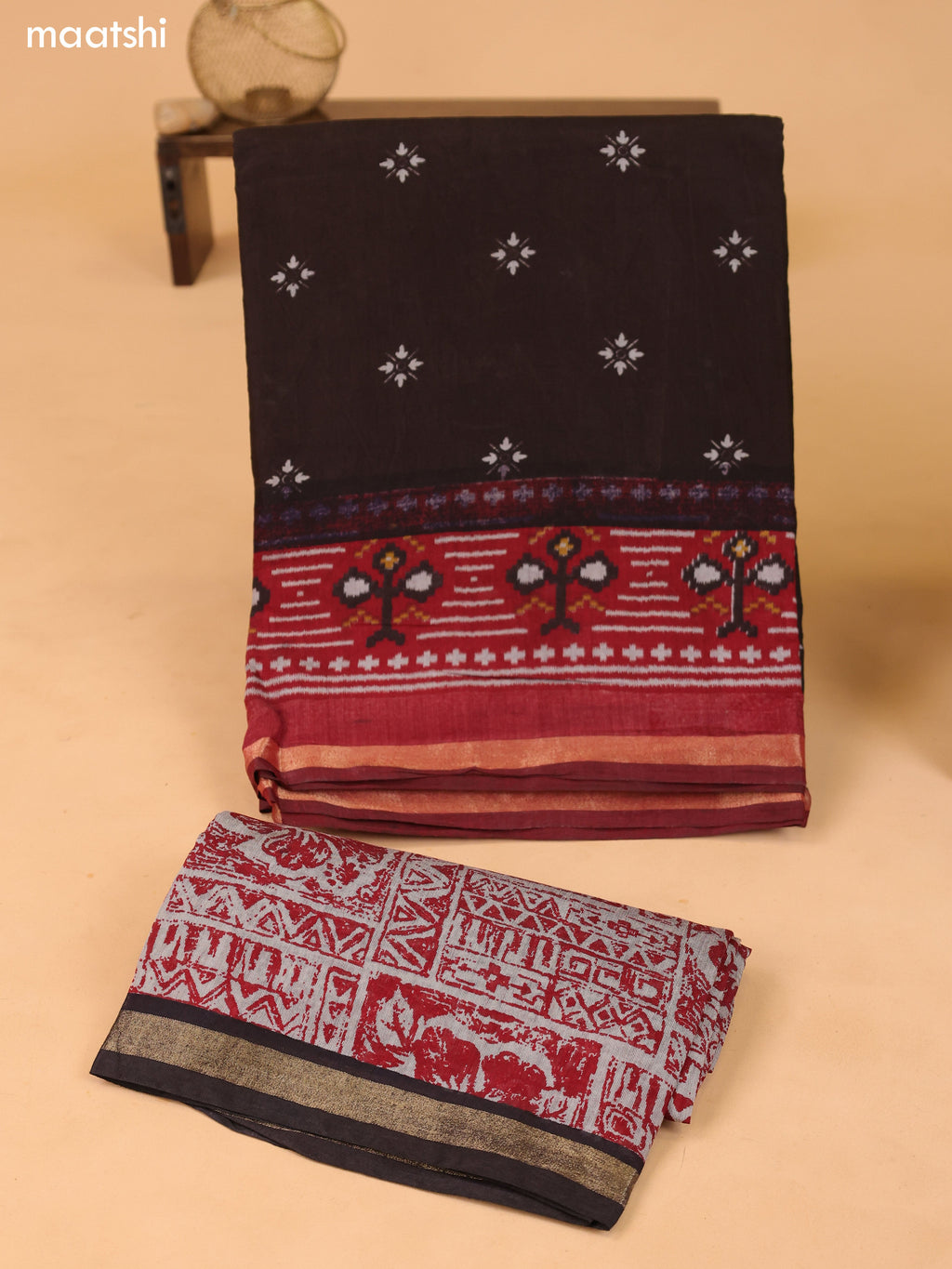 Deep Brown & Grey and Maroon Art Silk Dress Material With Butta Prints and Bottom & Dupatta