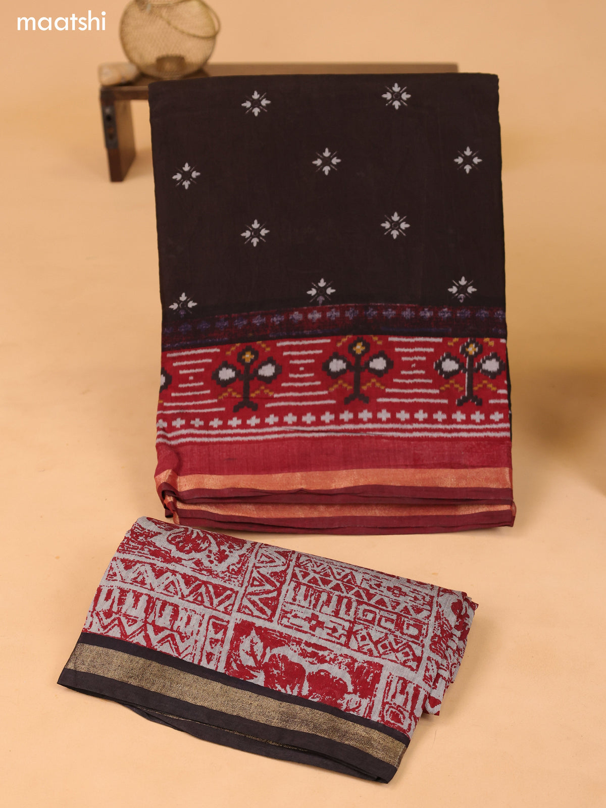 Deep Brown & Grey and Maroon Art Silk Dress Material With Butta Prints and Bottom & Dupatta
