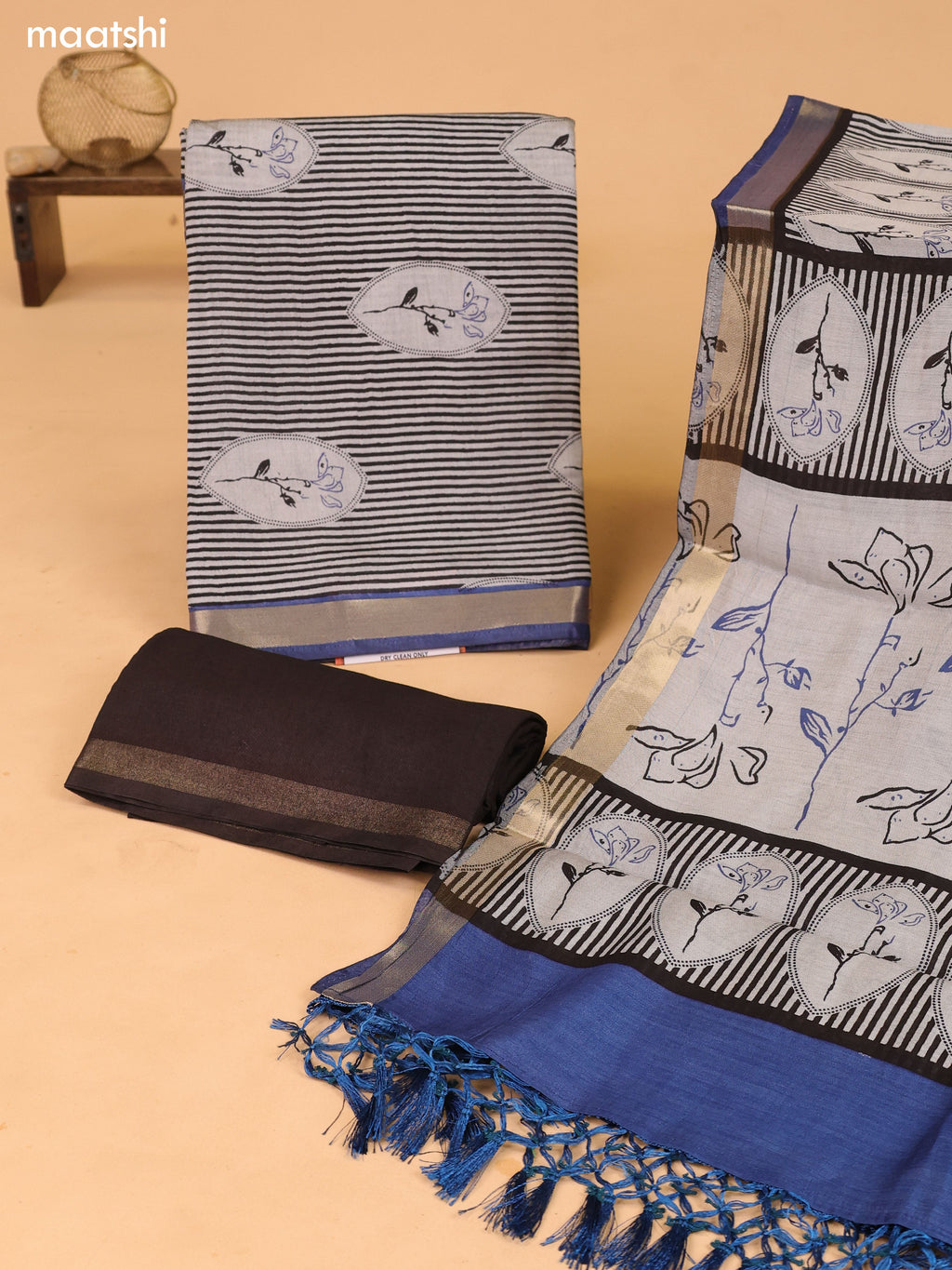 Grey and Blue Art Silk Dress Material With Floral Motif & Stripe Prints and Bottom & Dupatta