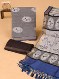 Grey and Blue Art Silk Dress Material With Floral Motif & Stripe Prints and Bottom & Dupatta