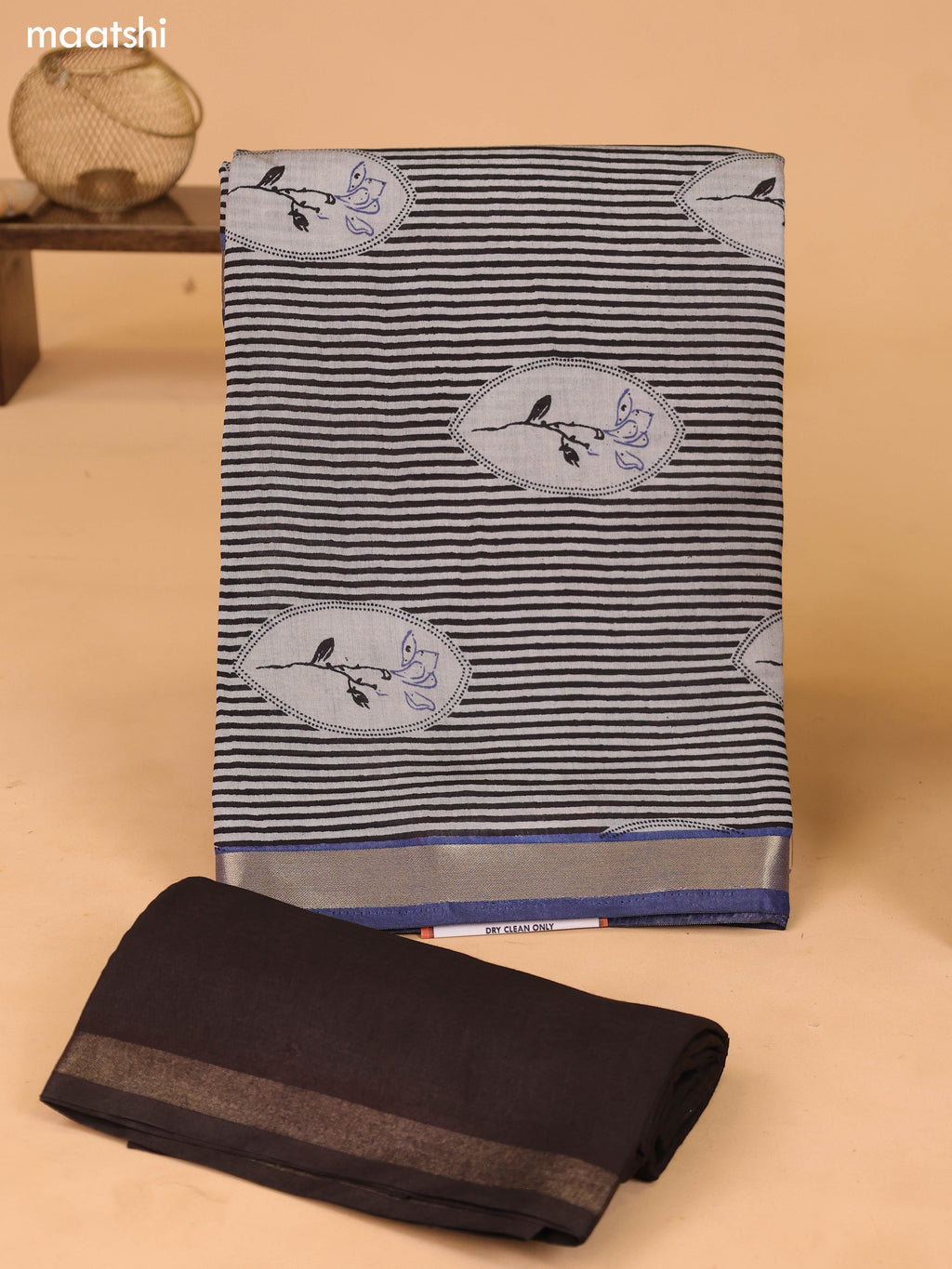Grey and Blue Art Silk Dress Material With Floral Motif & Stripe Prints and Bottom & Dupatta