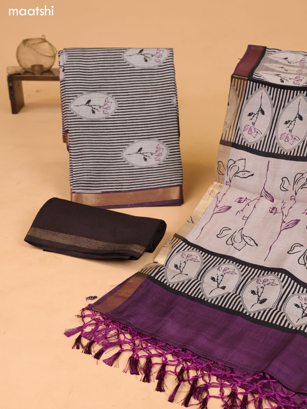 Grey and Purple Art Silk Dress Material With Floral Motif & Stripe Prints and Bottom & Dupatta