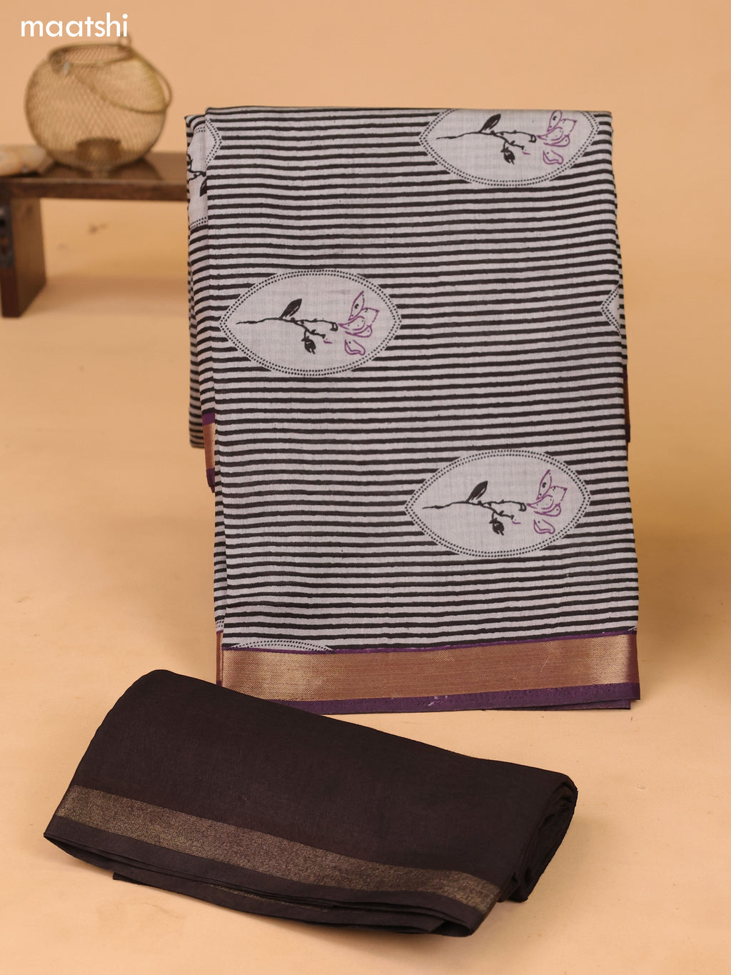 Grey and Purple Art Silk Dress Material With Floral Motif & Stripe Prints and Bottom & Dupatta