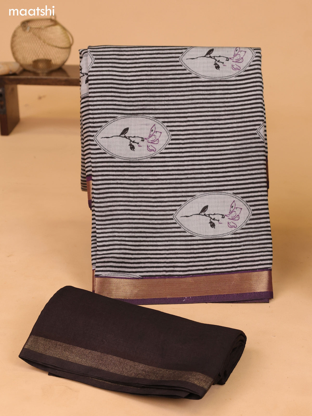 Grey and Purple Art Silk Dress Material With Floral Motif & Stripe Prints and Bottom & Dupatta