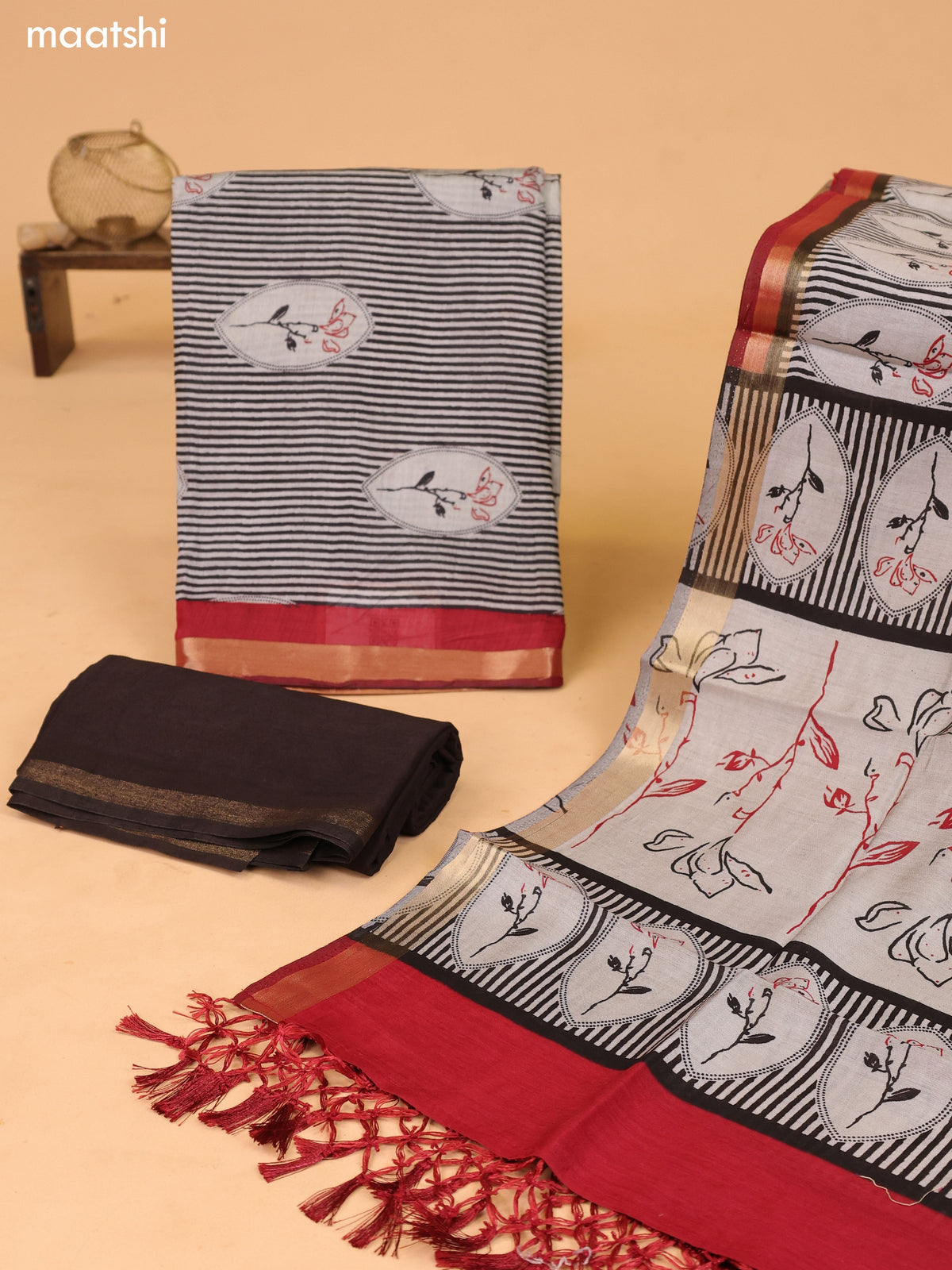 Grey and Dark Rust Art Silk Dress Material With Floral Motif & Stripe Prints and Bottom & Dupatta