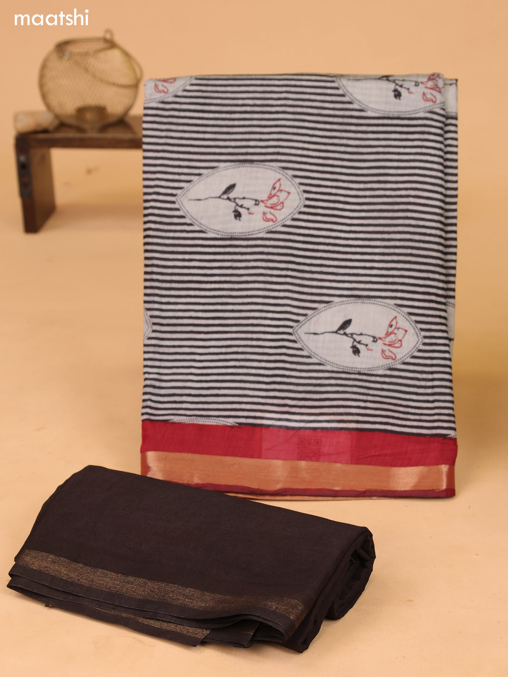 Grey and Dark Rust Art Silk Dress Material With Floral Motif & Stripe Prints and Bottom & Dupatta