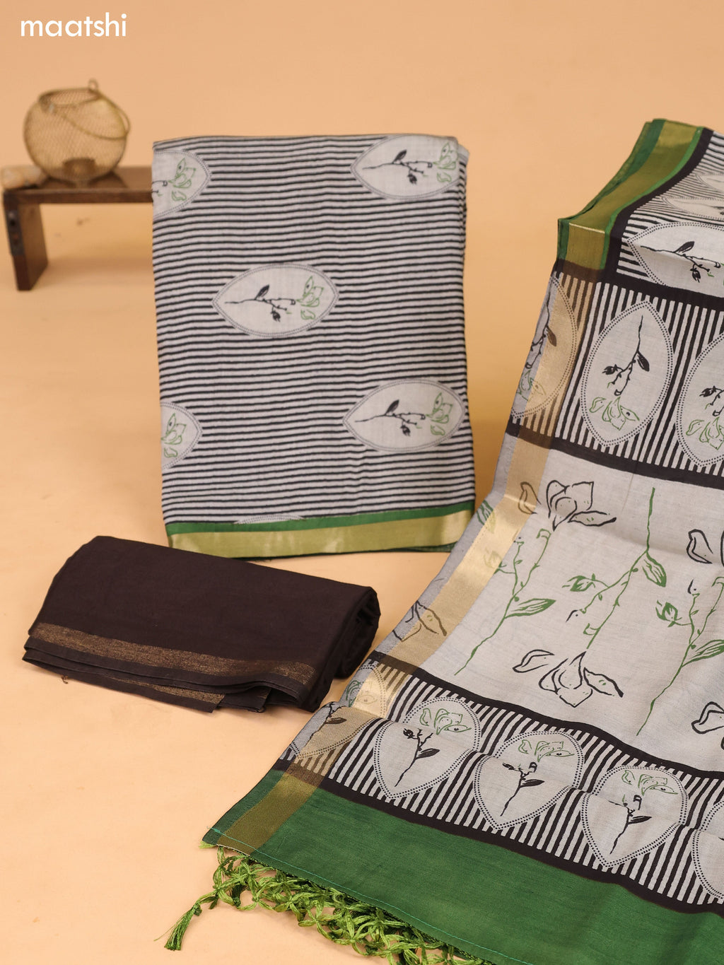 Grey and Green Art Silk Dress Material With Floral Motif & Stripe Prints and Bottom & Dupatta