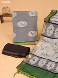 Grey and Green Art Silk Dress Material With Floral Motif & Stripe Prints and Bottom & Dupatta