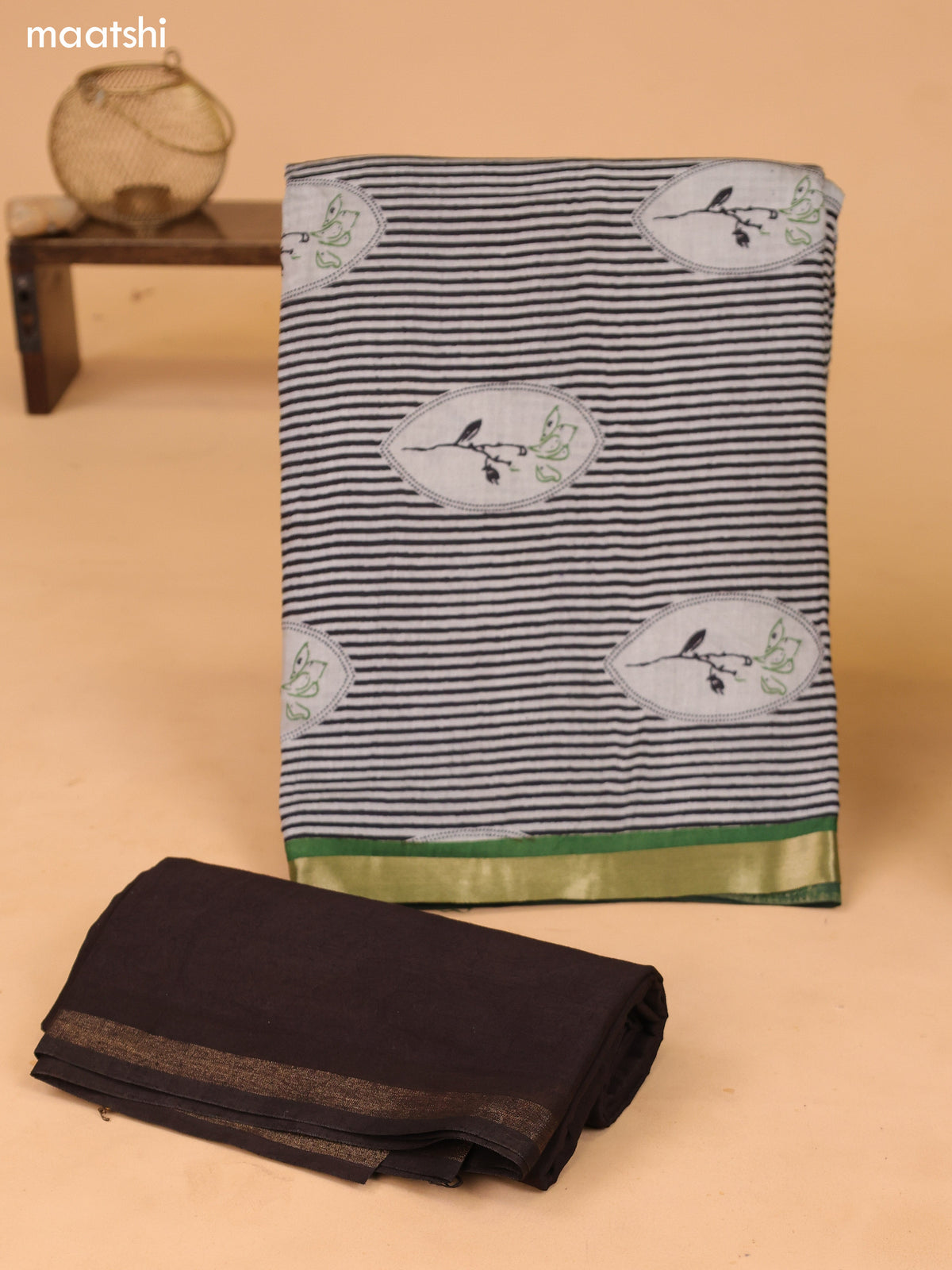 Grey and Green Art Silk Dress Material With Floral Motif & Stripe Prints and Bottom & Dupatta