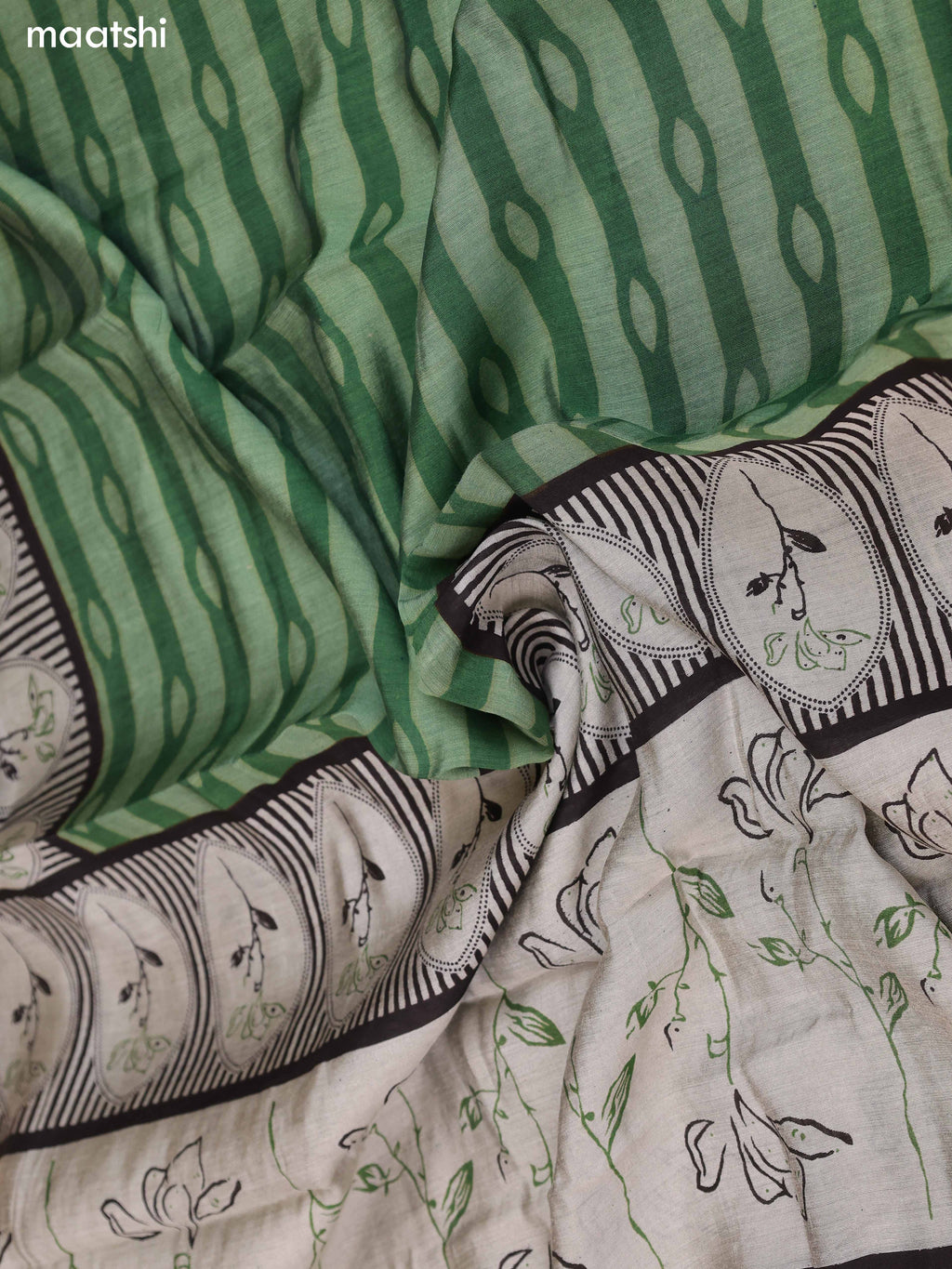 Grey and Green Art Silk Dress Material With Floral Motif & Stripe Prints and Bottom & Dupatta