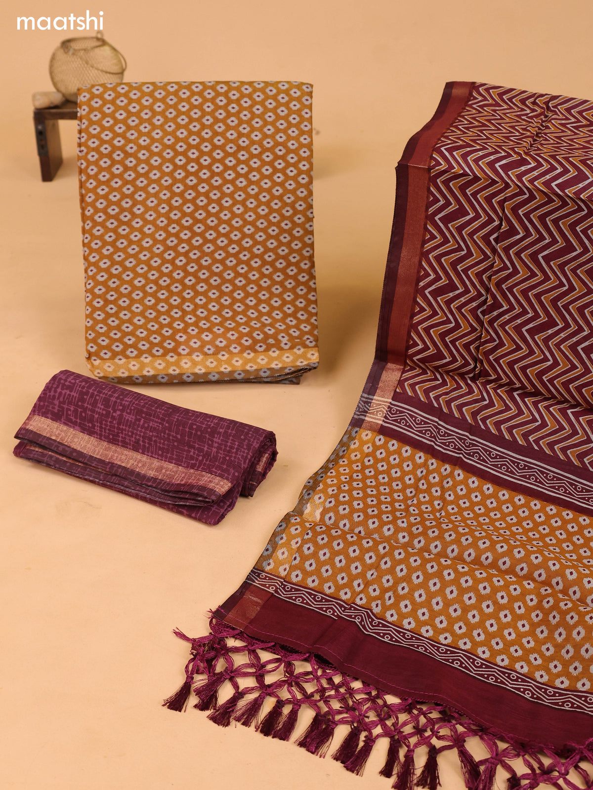 Mustard and Maroon Art Silk Dress Material With Butta Prints and Bottom & Dupatta