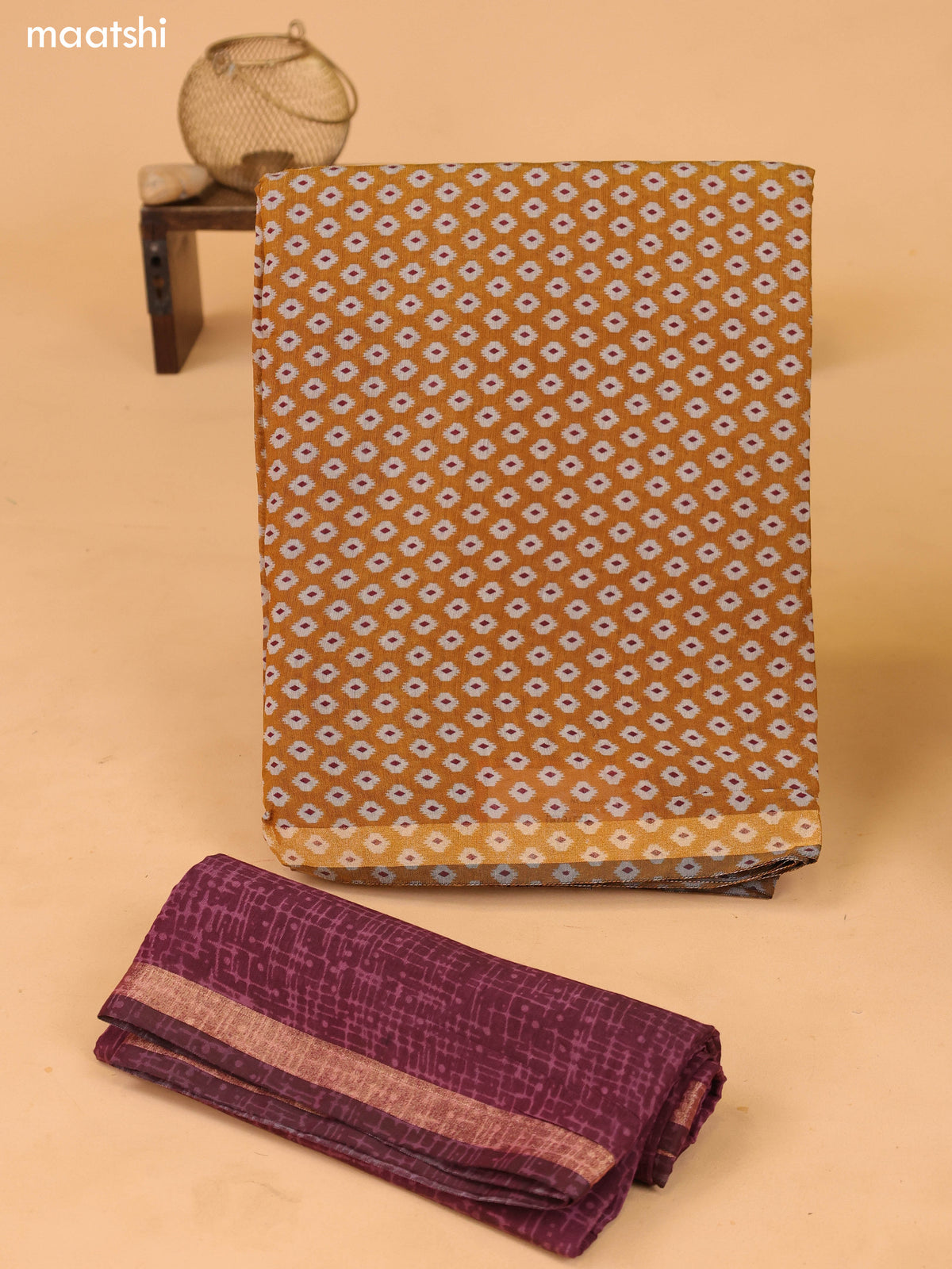Mustard and Maroon Art Silk Dress Material With Butta Prints and Bottom & Dupatta