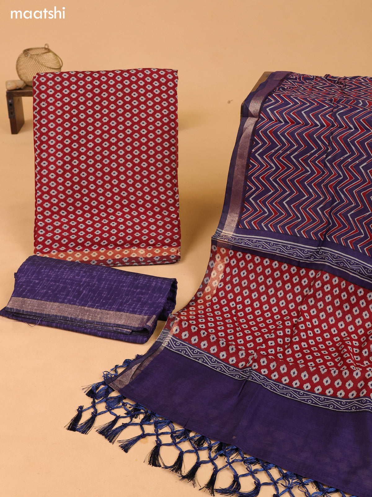 Dark Rust and Navy Blue Art Silk Dress Material With Butta Prints and Bottom & Dupatta
