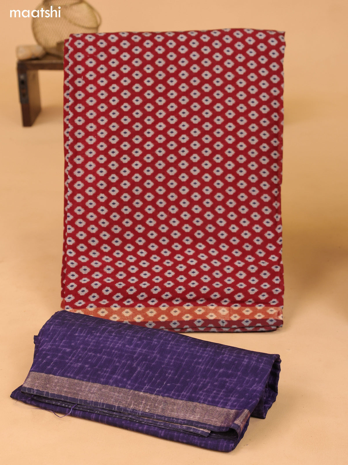 Dark Rust and Navy Blue Art Silk Dress Material With Butta Prints and Bottom & Dupatta